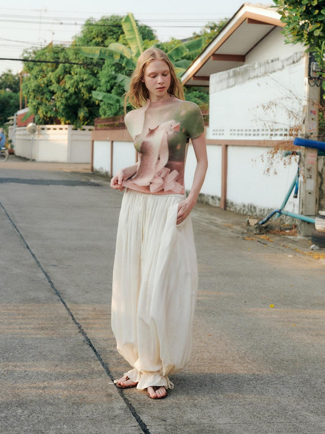 OuttheBlue Mid High Waist Casual Lantern Style Women Beige Polyester Blend Wide-Leg Pants