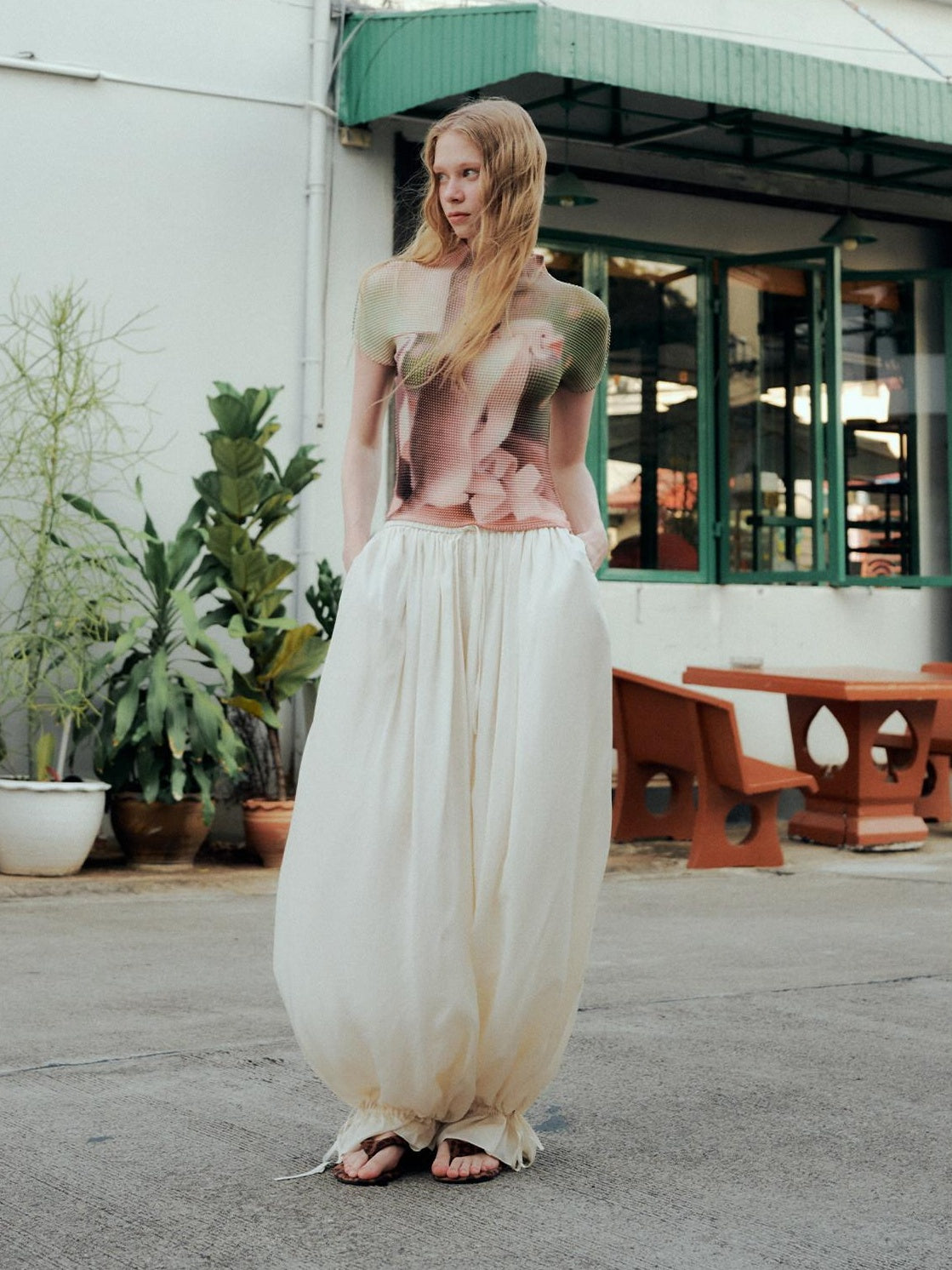 OuttheBlue Mid High Waist Casual Lantern Style Women Beige Polyester Blend Wide-Leg Pants