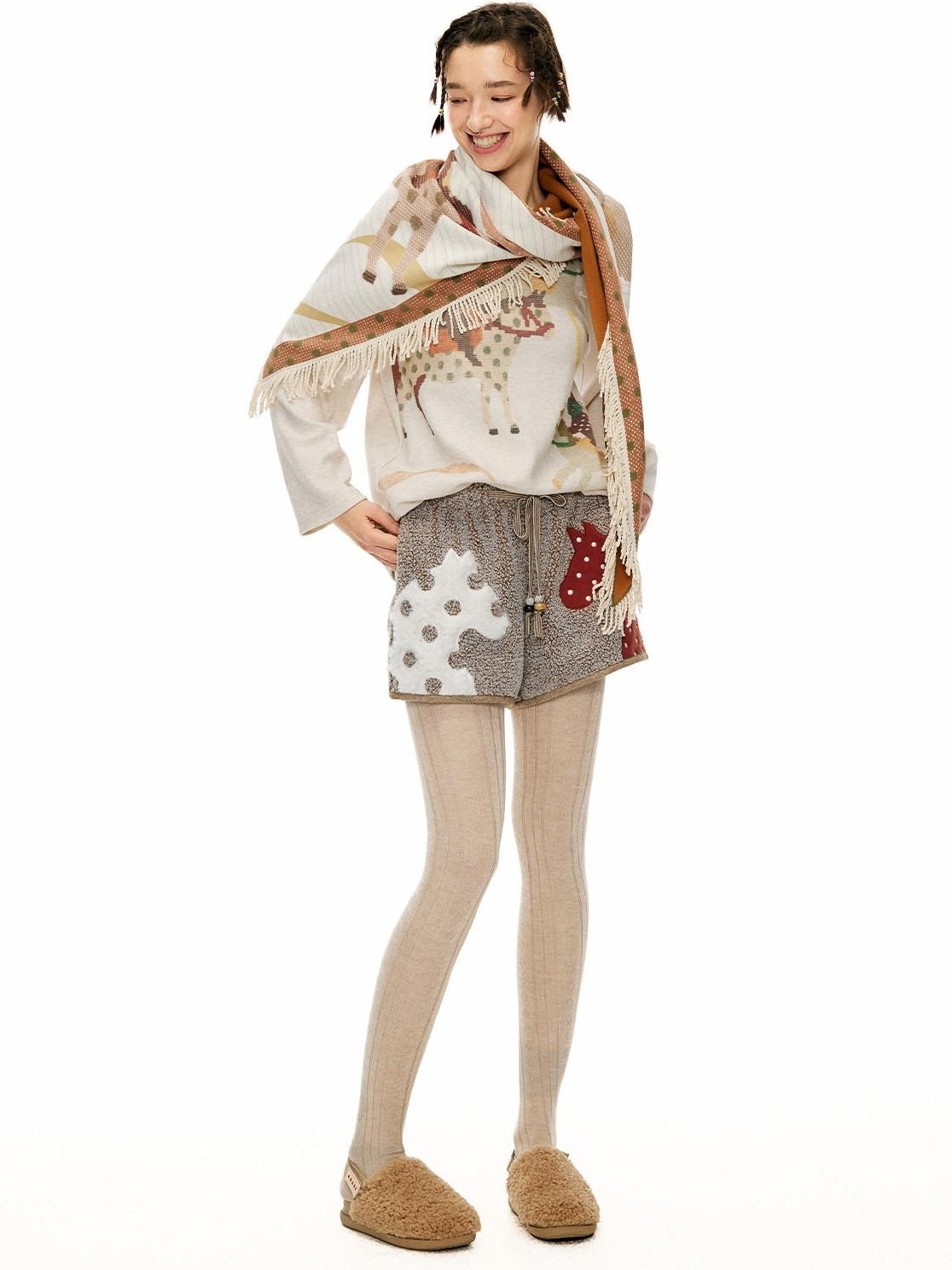 OuttheBlue Mocha Animal Print Drawstring Natural Waist Women Applique Mini Shorts
