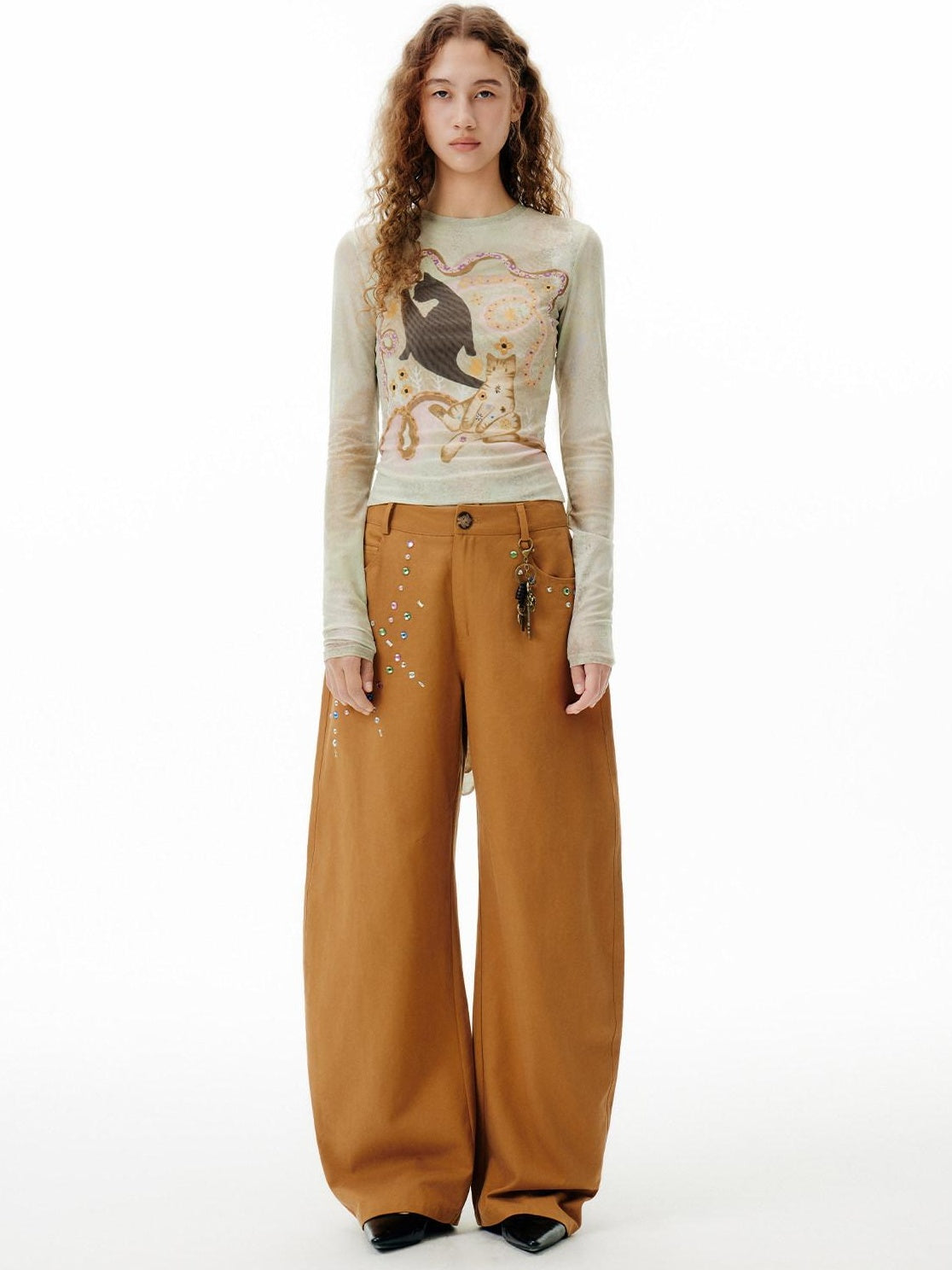 OuttheBlue Moisture Wicking Slim Fit Office Wild Cat Print Chartreuse Long Sleeve T-Shirts