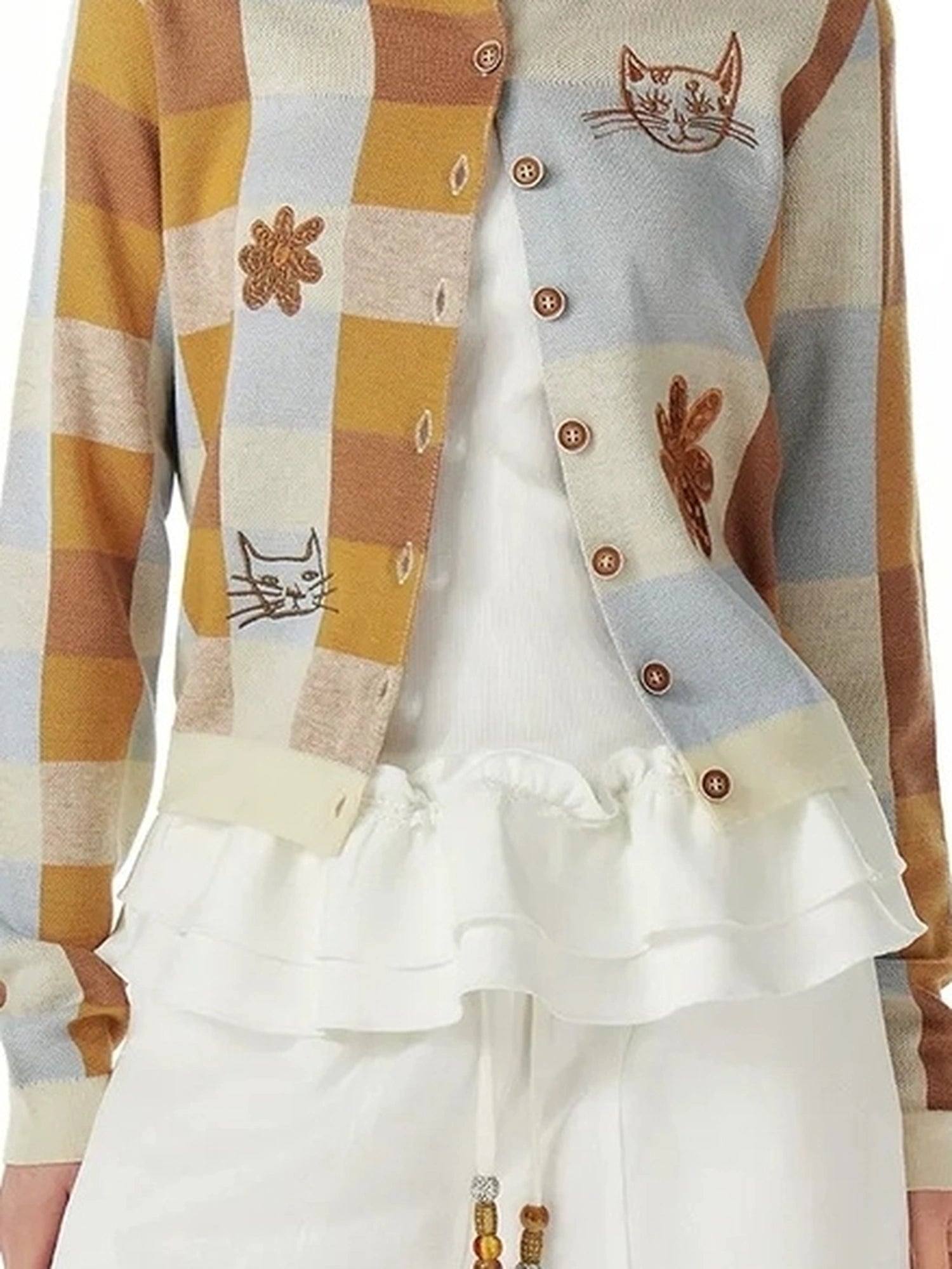 Monet Cat Garden Embroidered Knit Cardigan Skirt Set