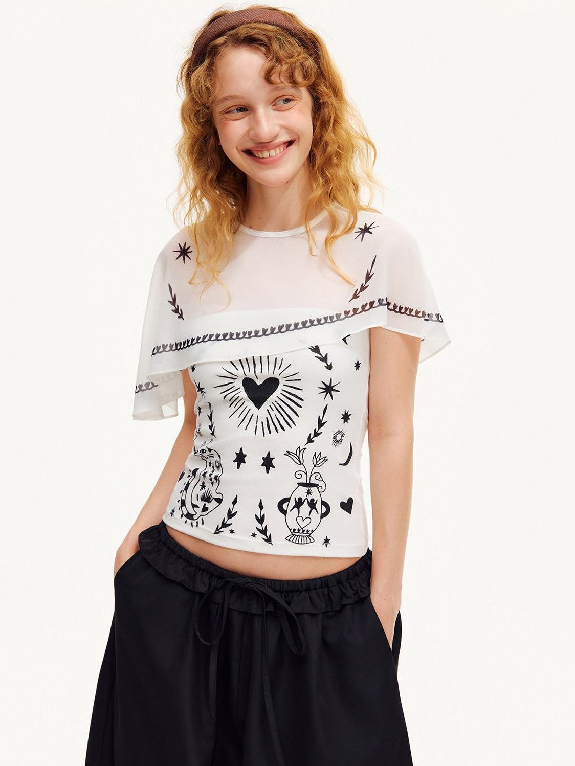 OuttheBlue Moonlight Cat Print Asymmetrical One Shoulder Women&