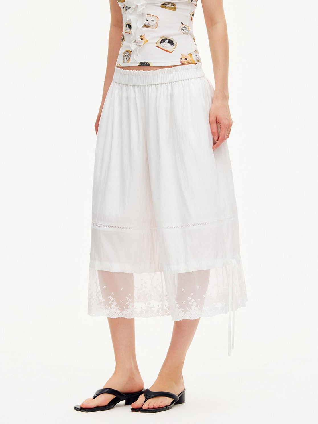 OuttheBlue Moonlight White Lace Splice Tie Elastic Waist Women&