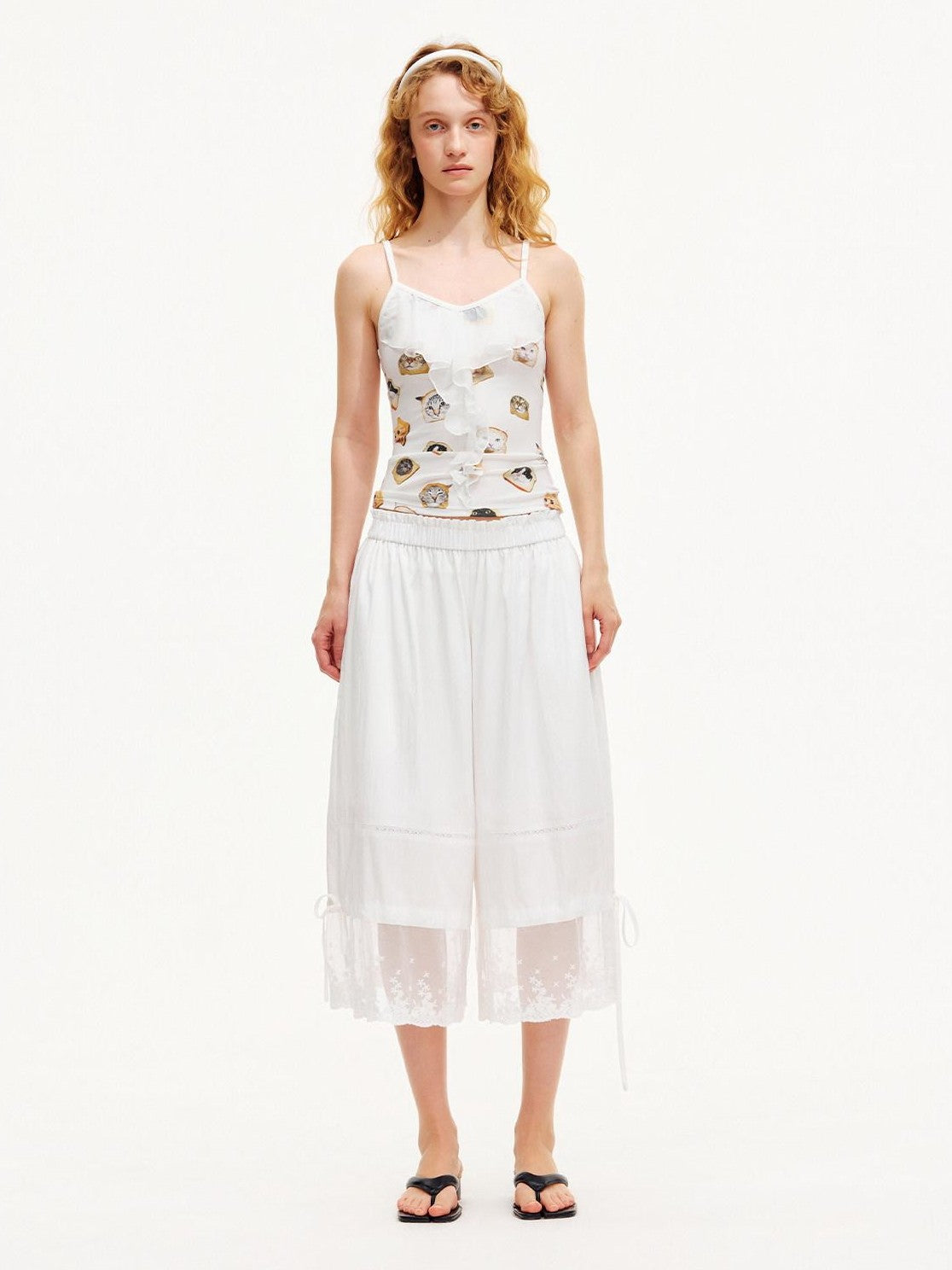 OuttheBlue Moonlight White Lace Splice Tie Elastic Waist Women&