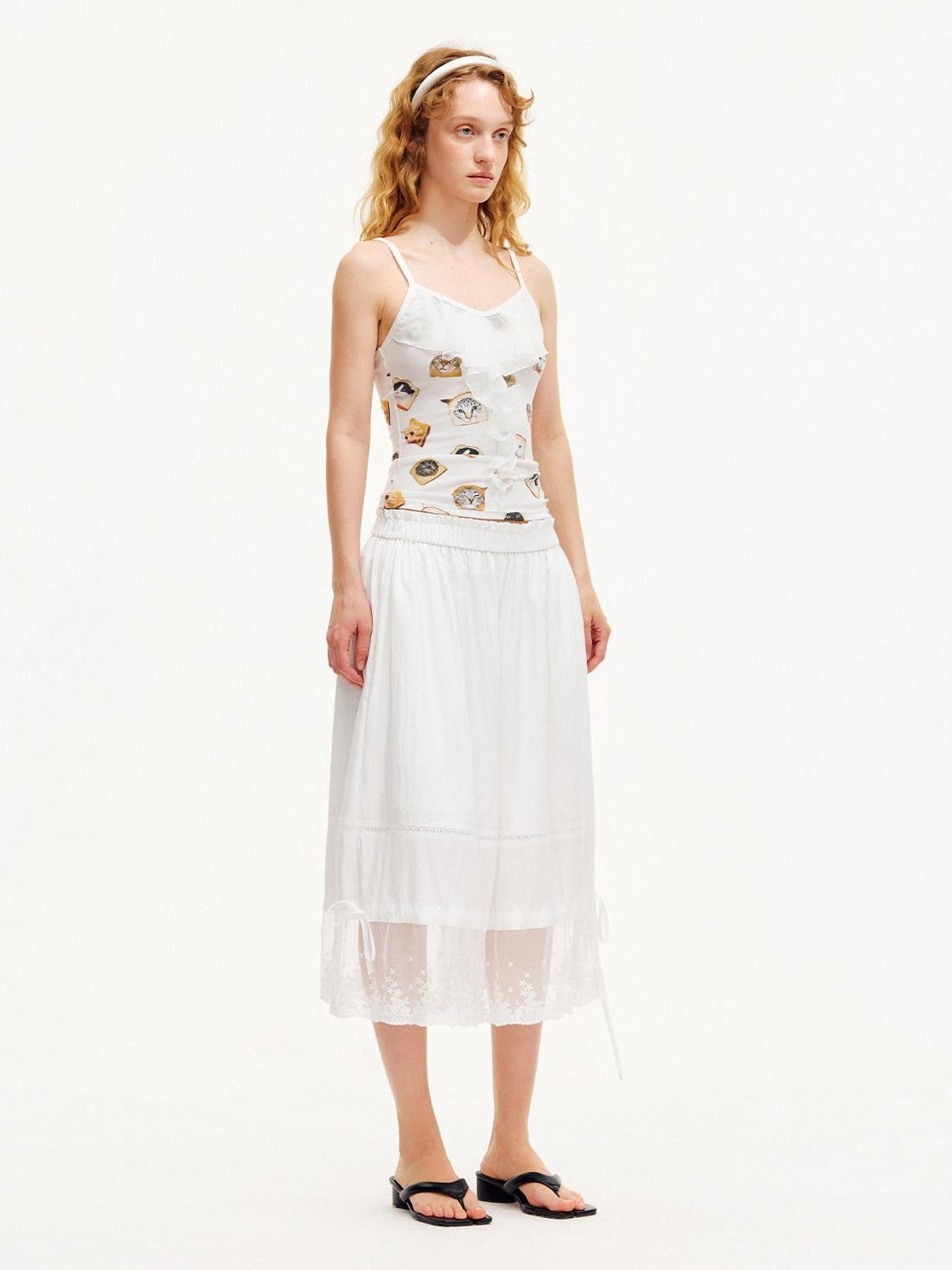 OuttheBlue Moonlight White Lace Splice Tie Elastic Waist Women&