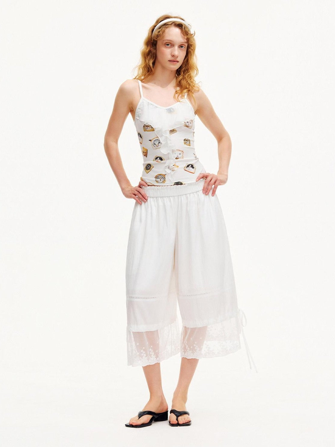 OuttheBlue Moonlight White Lace Splice Tie Elastic Waist Women&