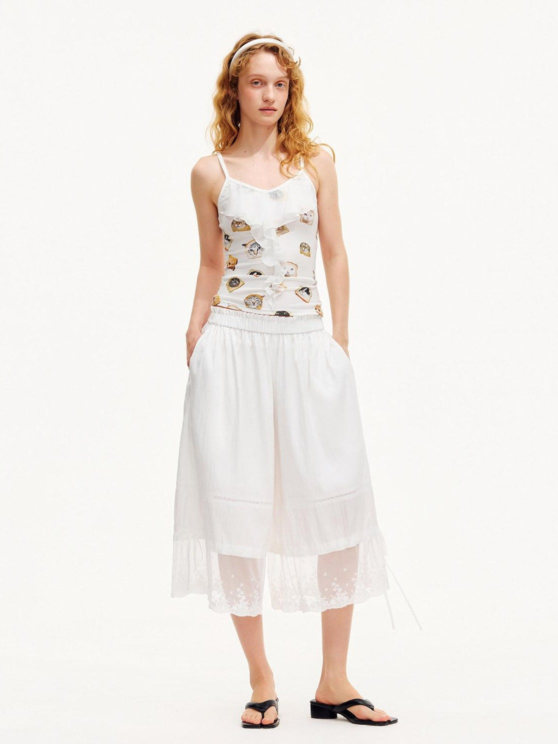 OuttheBlue Moonlight White Lace Splice Tie Elastic Waist Women&