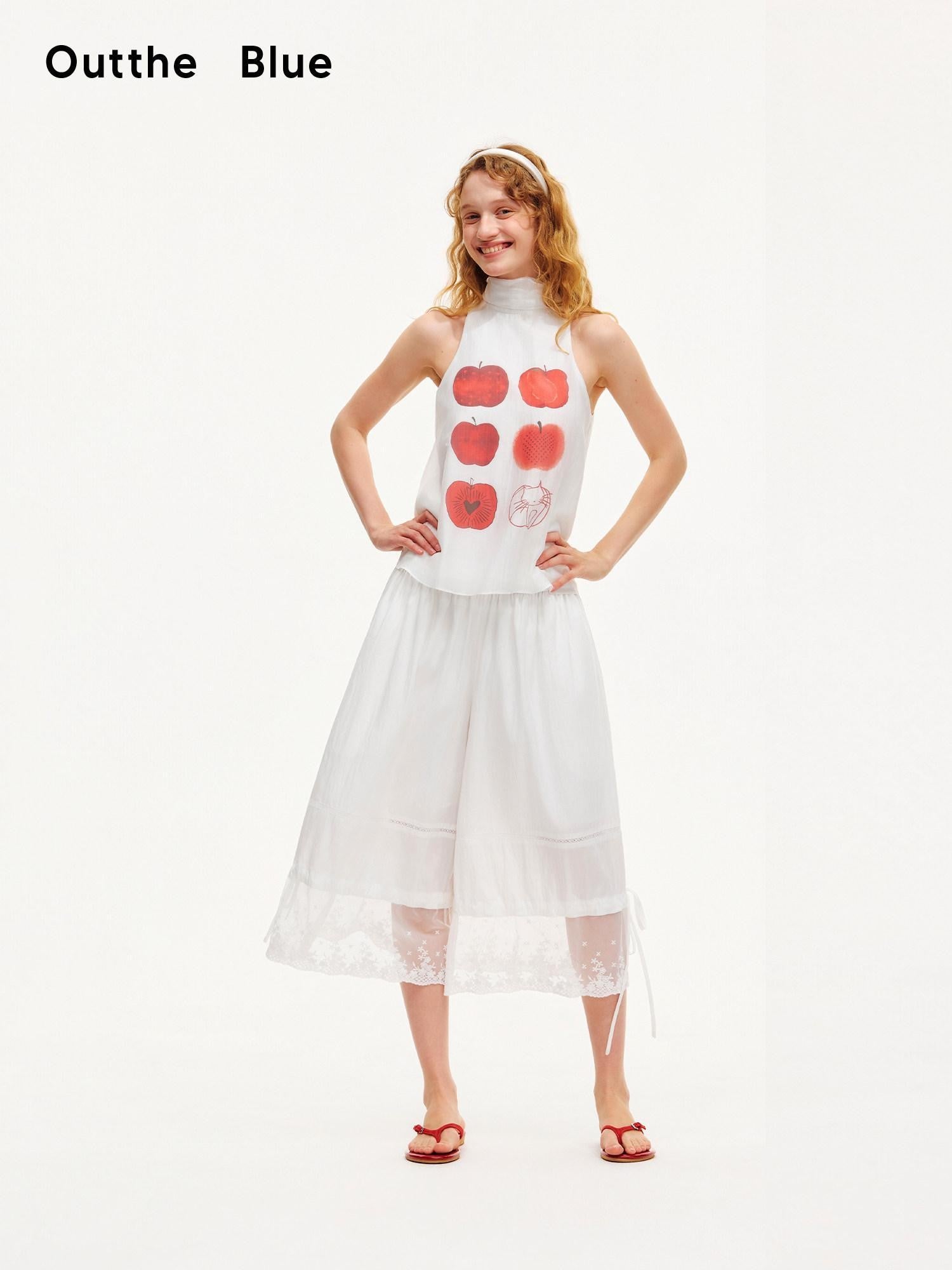 OuttheBlue Moonlight White Lace Splice Tie Elastic Waist Women&