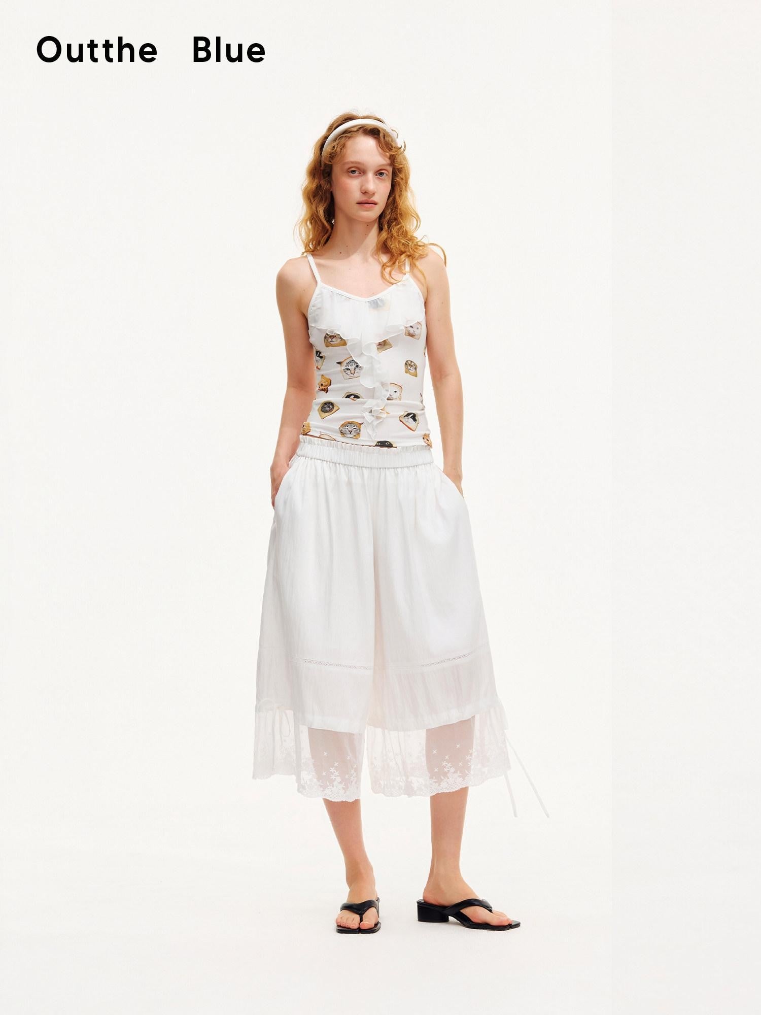 OuttheBlue Moonlight White Lace Splice Tie Elastic Waist Women&