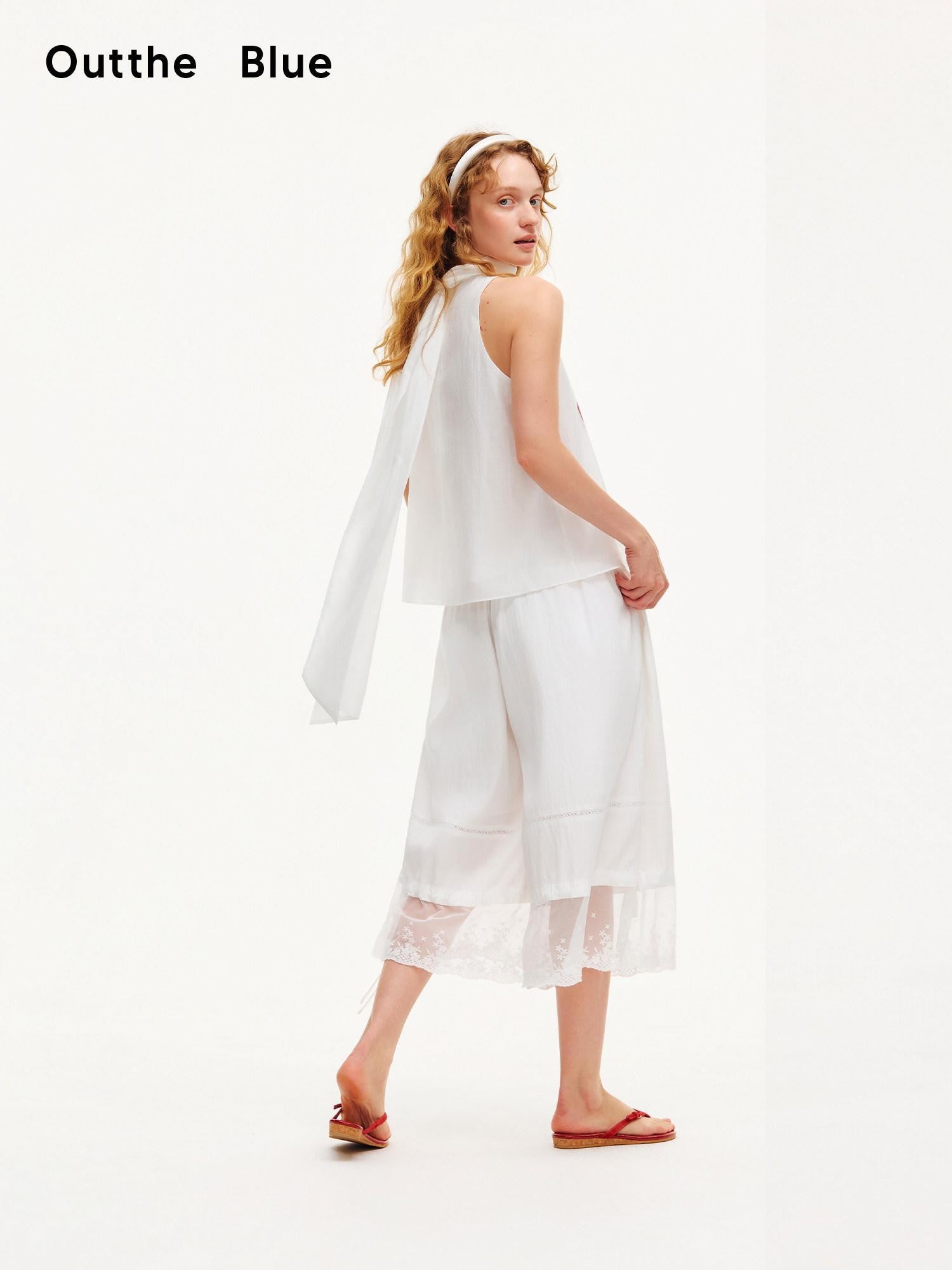 OuttheBlue Moonlight White Lace Splice Tie Elastic Waist Women&