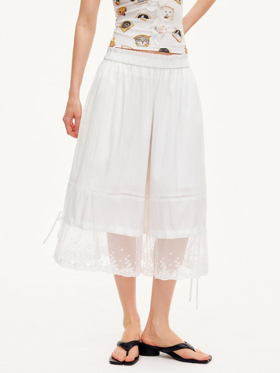 OuttheBlue Moonlight White Lace Splice Tie Elastic Waist Women&