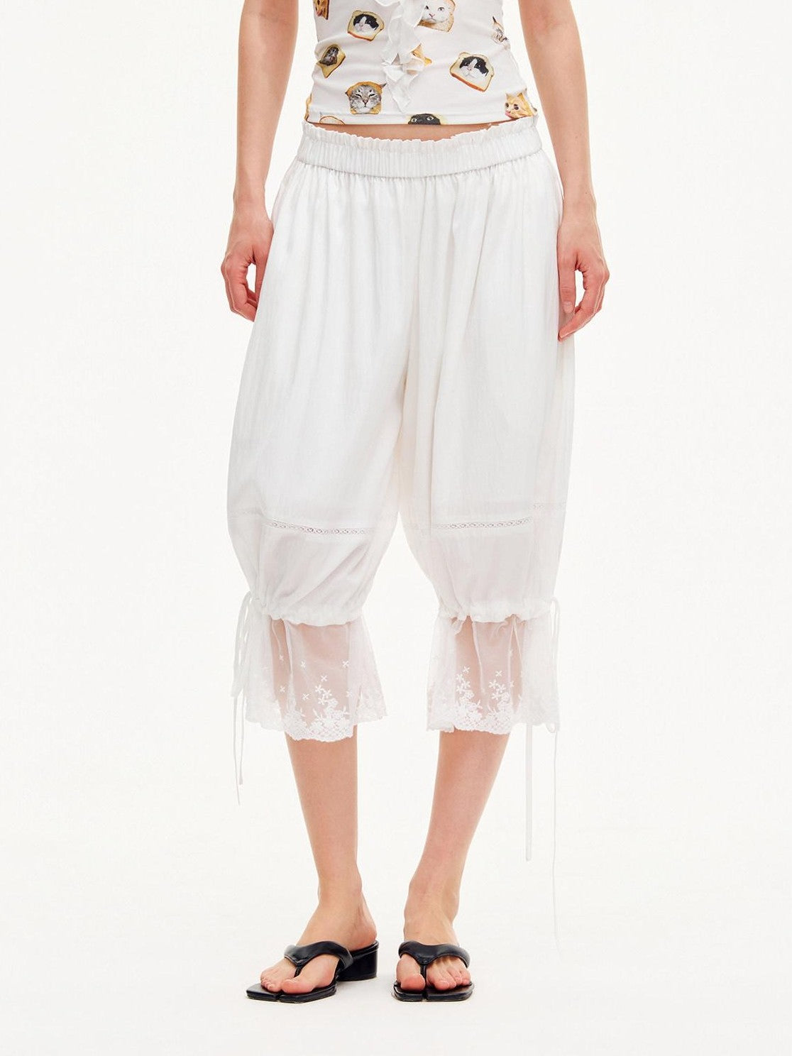 OuttheBlue Moonlight White Lace Splice Tie Elastic Waist Women&
