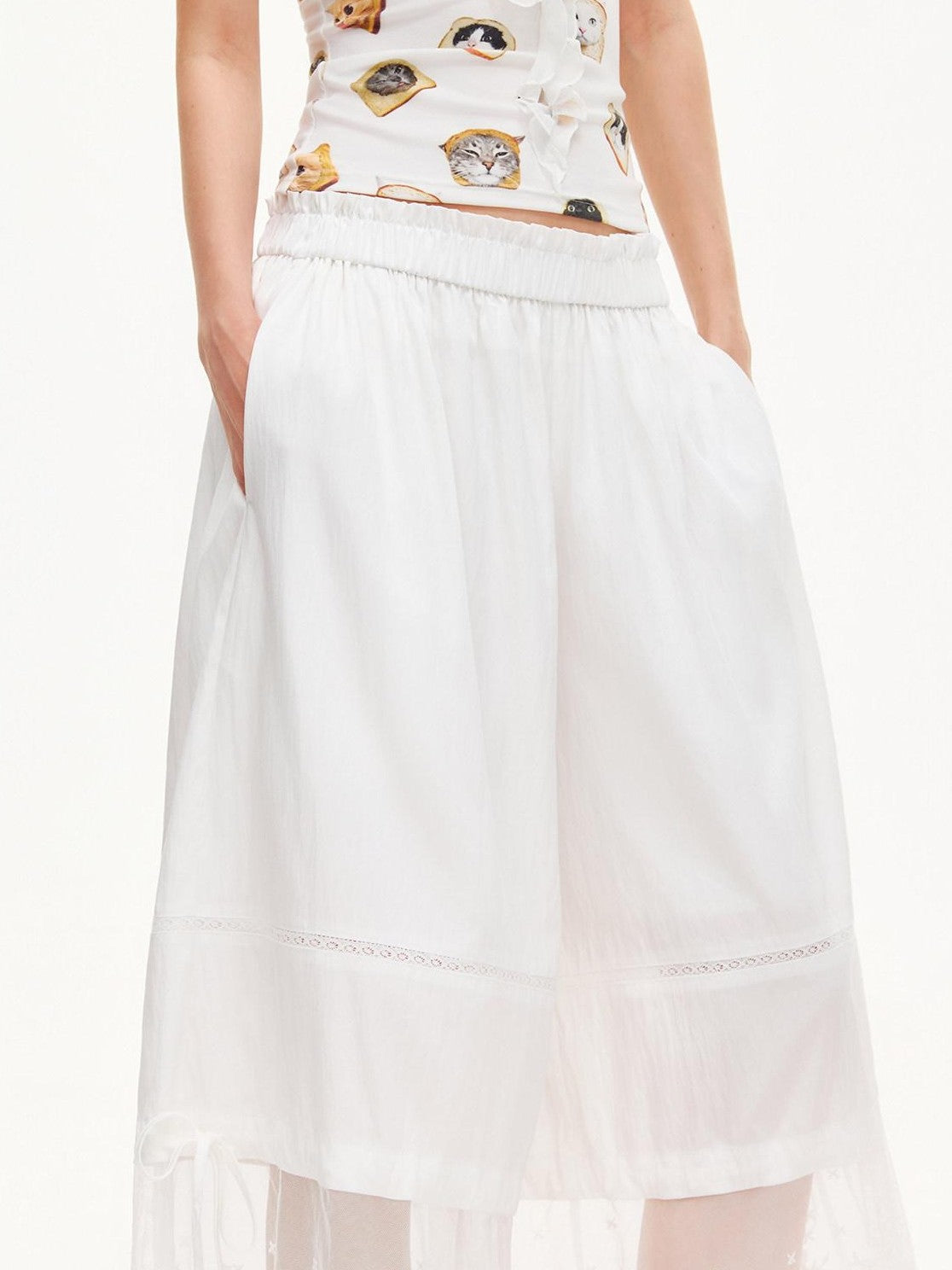 OuttheBlue Moonlight White Lace Splice Tie Elastic Waist Women&