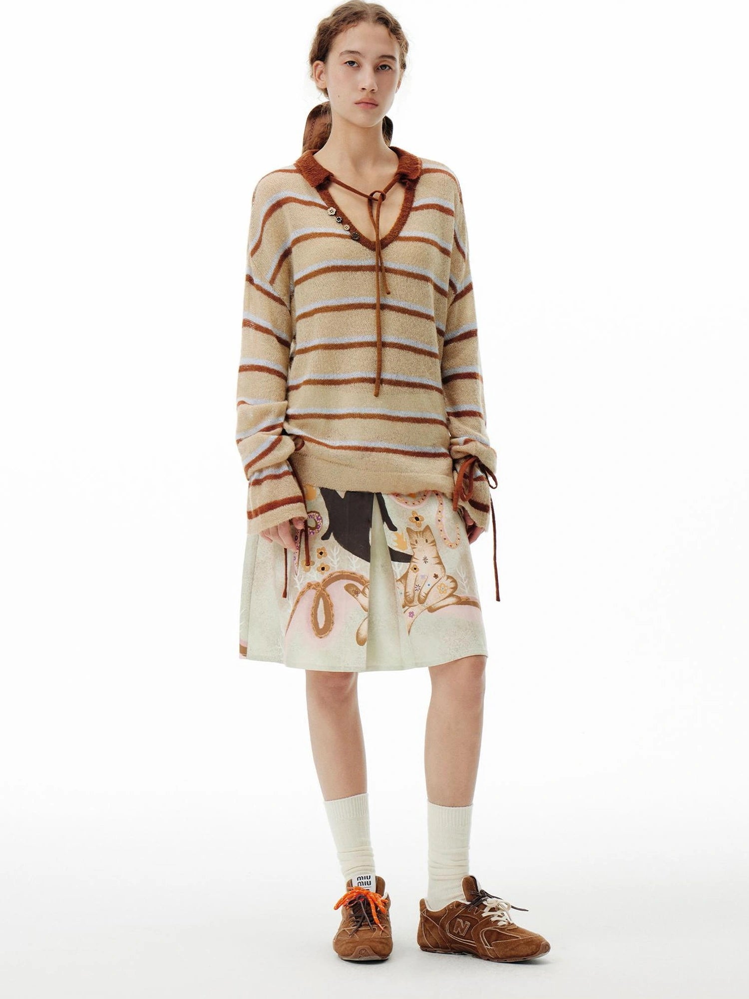 OuttheBlue Out The Blue Green Cat Print A Line Denim Skirt