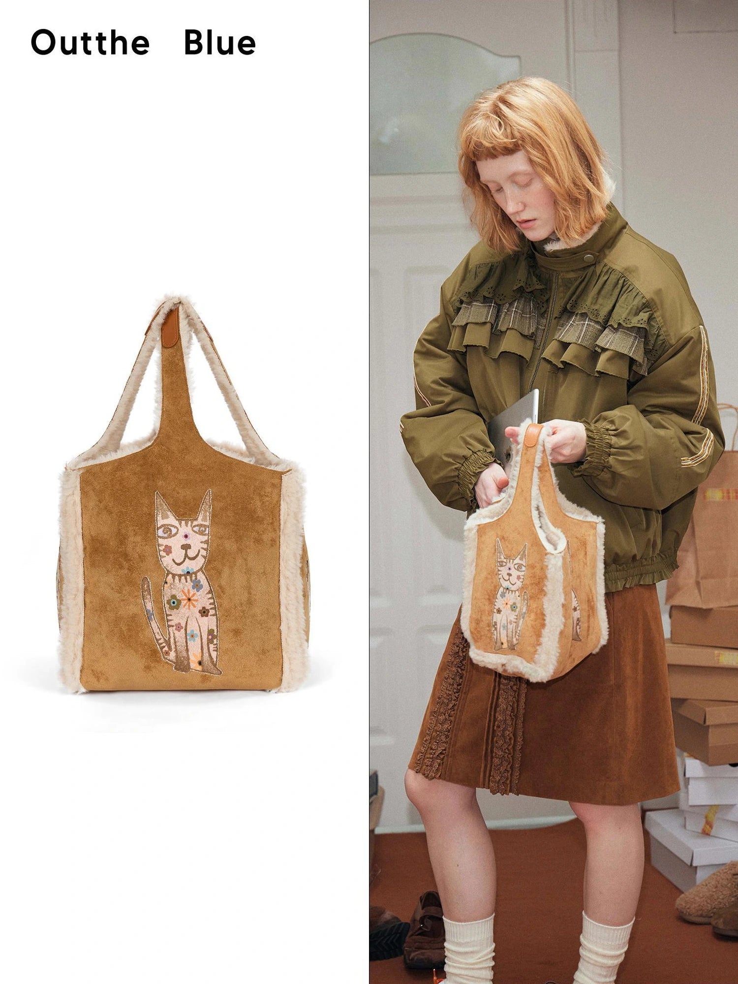 Out The Blue Lucky Cat Suede Shearling Crossbody Bag