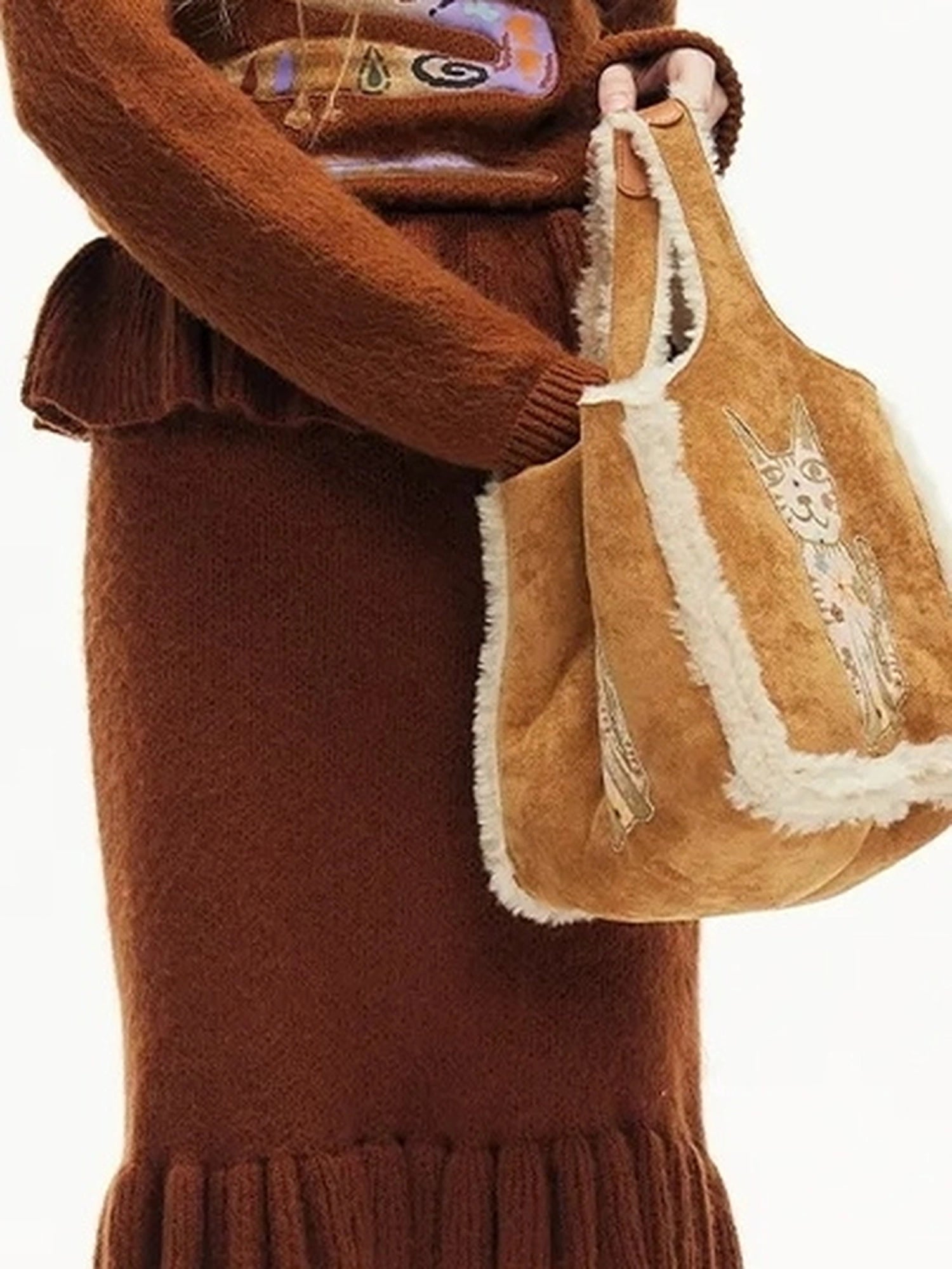 Out The Blue Lucky Cat Suede Shearling Crossbody Bag