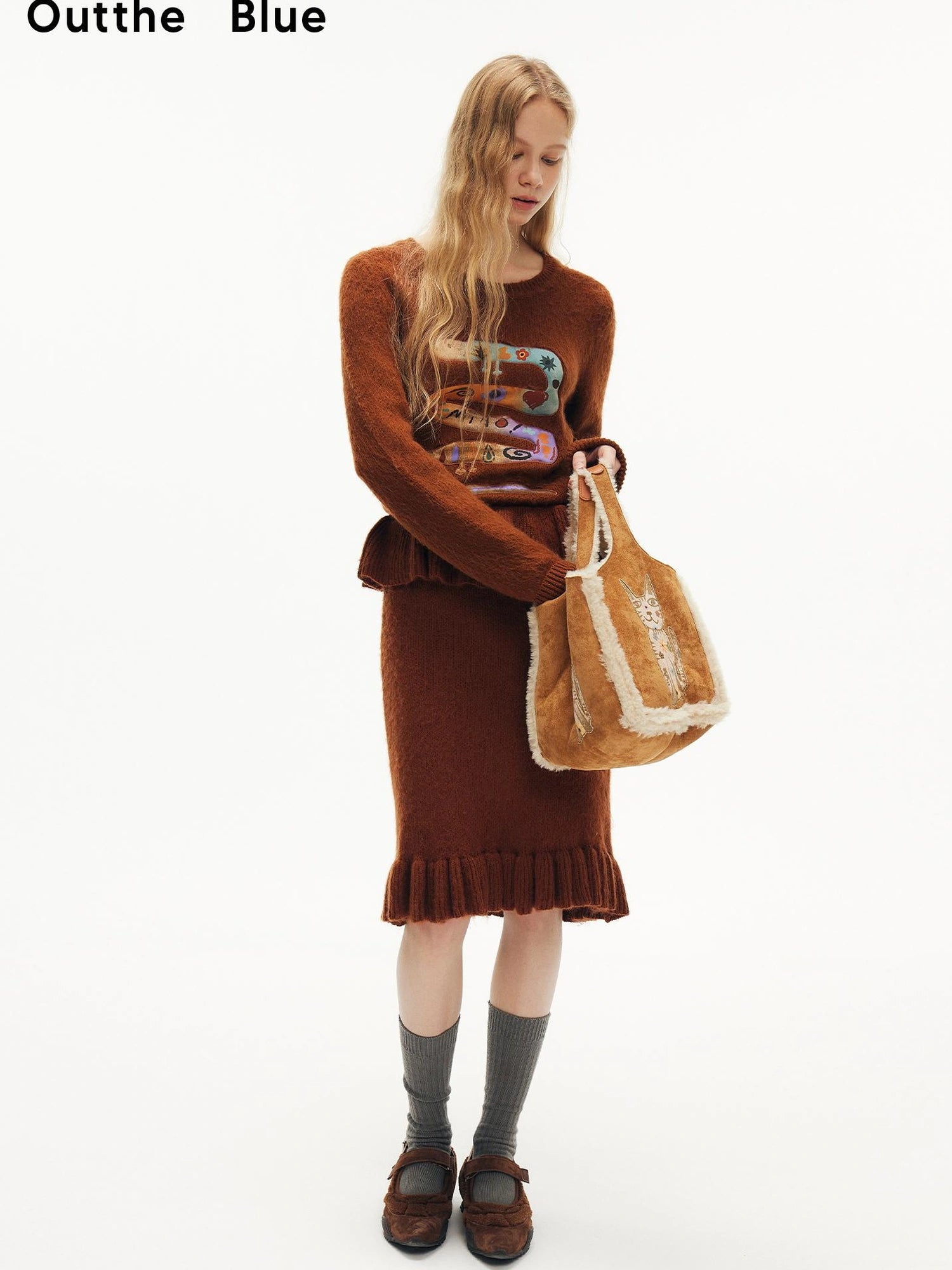 Out The Blue Lucky Cat Suede Shearling Crossbody Bag