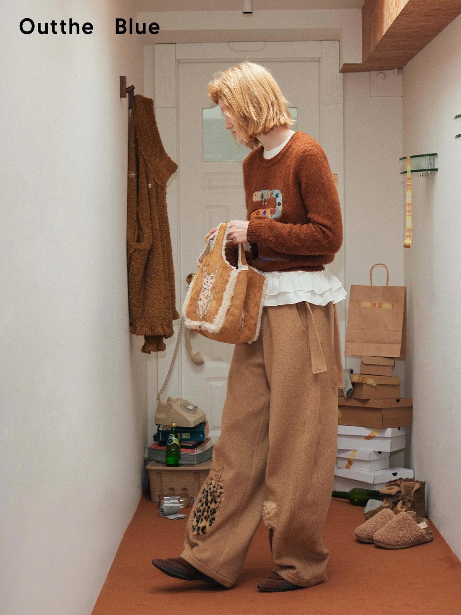 Out The Blue Lucky Cat Suede Shearling Crossbody Bag