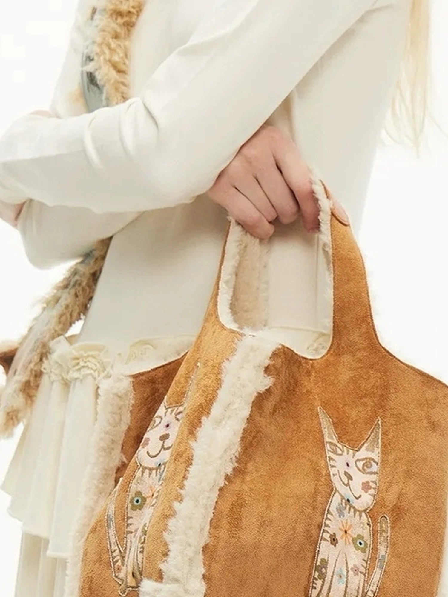 Out The Blue Lucky Cat Suede Shearling Crossbody Bag
