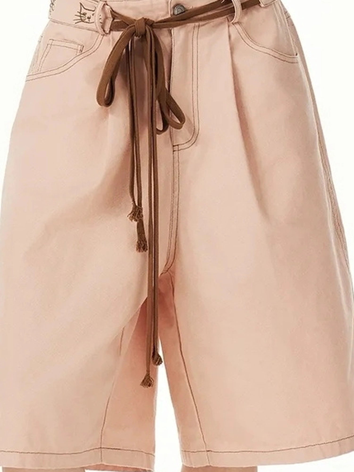 OuttheBlue Out The Blue Pink Cotton Belted Loose Fit Shorts