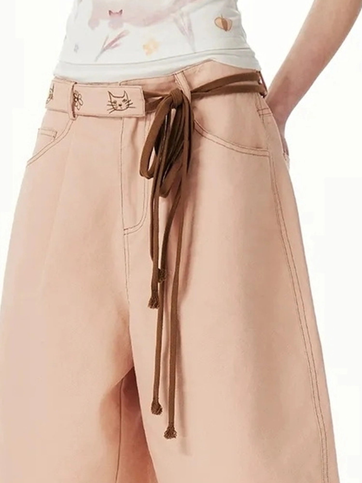 OuttheBlue Out The Blue Pink Cotton Belted Loose Fit Shorts