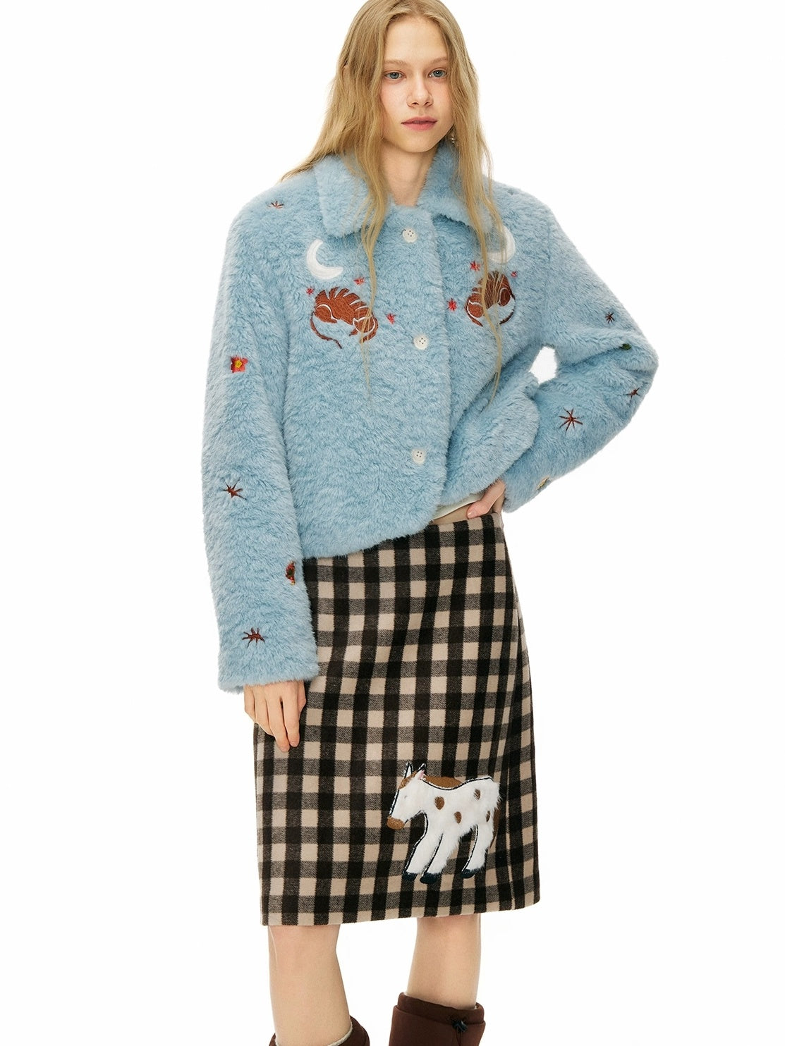 OuttheBlue Padded Casual Slim Notched Collar Embroidered Light Blue Polyester Women Jacket