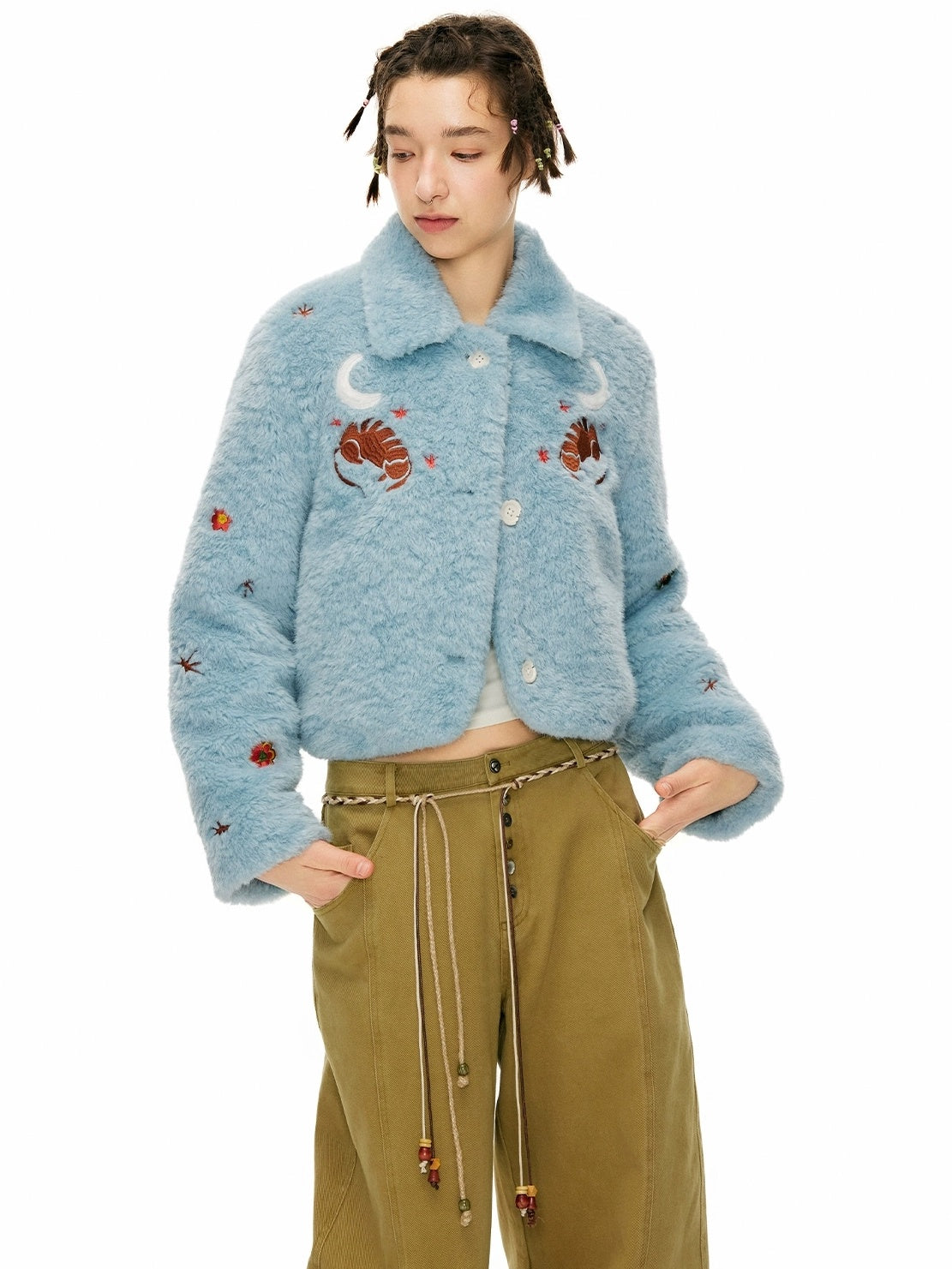 OuttheBlue Padded Casual Slim Notched Collar Embroidered Light Blue Polyester Women Jacket