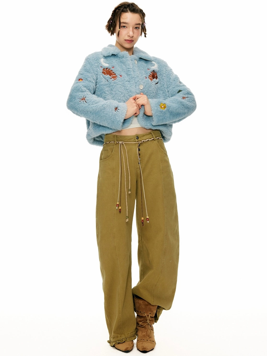 OuttheBlue Padded Casual Slim Notched Collar Embroidered Light Blue Polyester Women Jacket