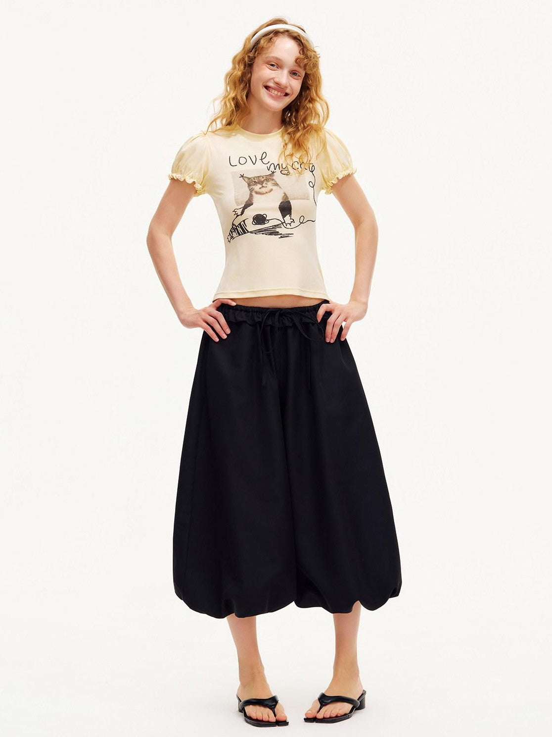 OuttheBlue Pastel Yellow Cat Print Puff Sleeve Women&