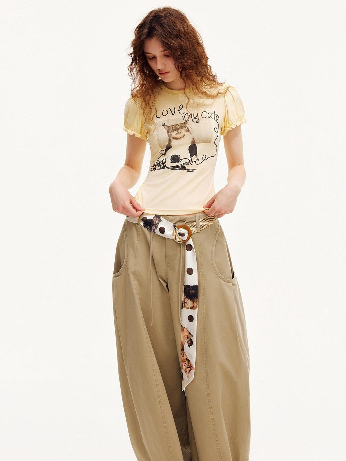 OuttheBlue Pastel Yellow Cat Print Puff Sleeve Women&