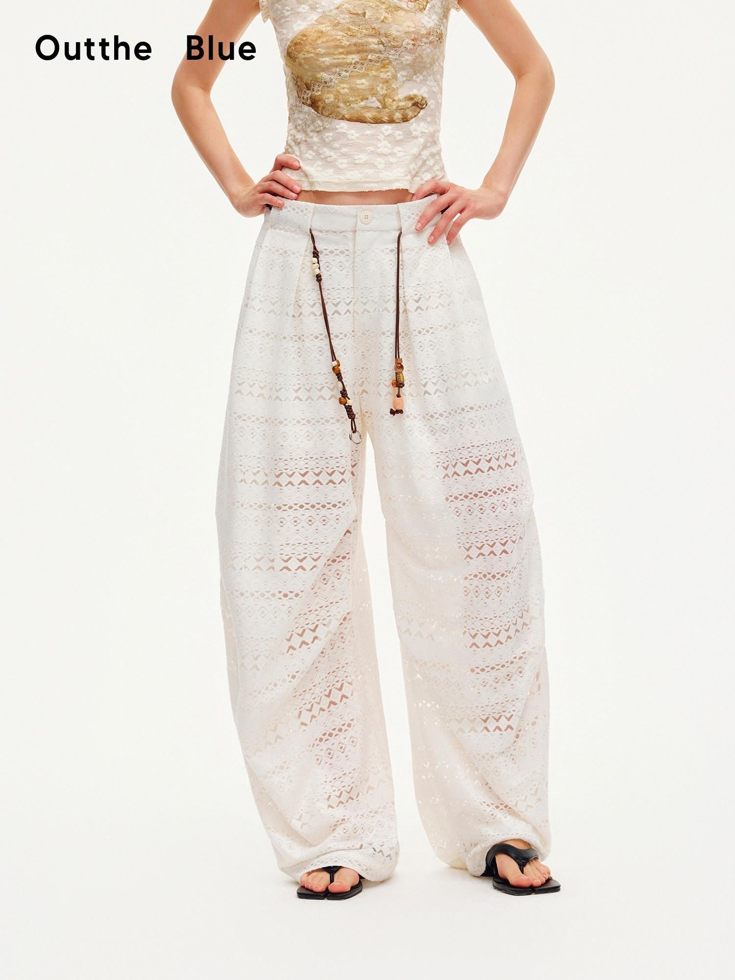 OuttheBlue Pearl White Lace Cutout Panel Pleated Women&