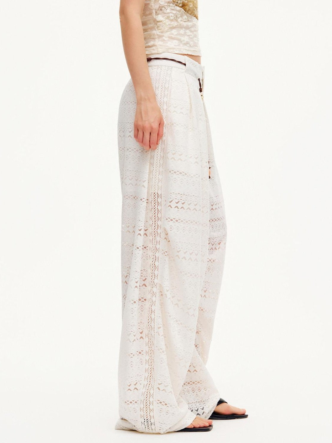 OuttheBlue Pearl White Lace Cutout Panel Pleated Women&