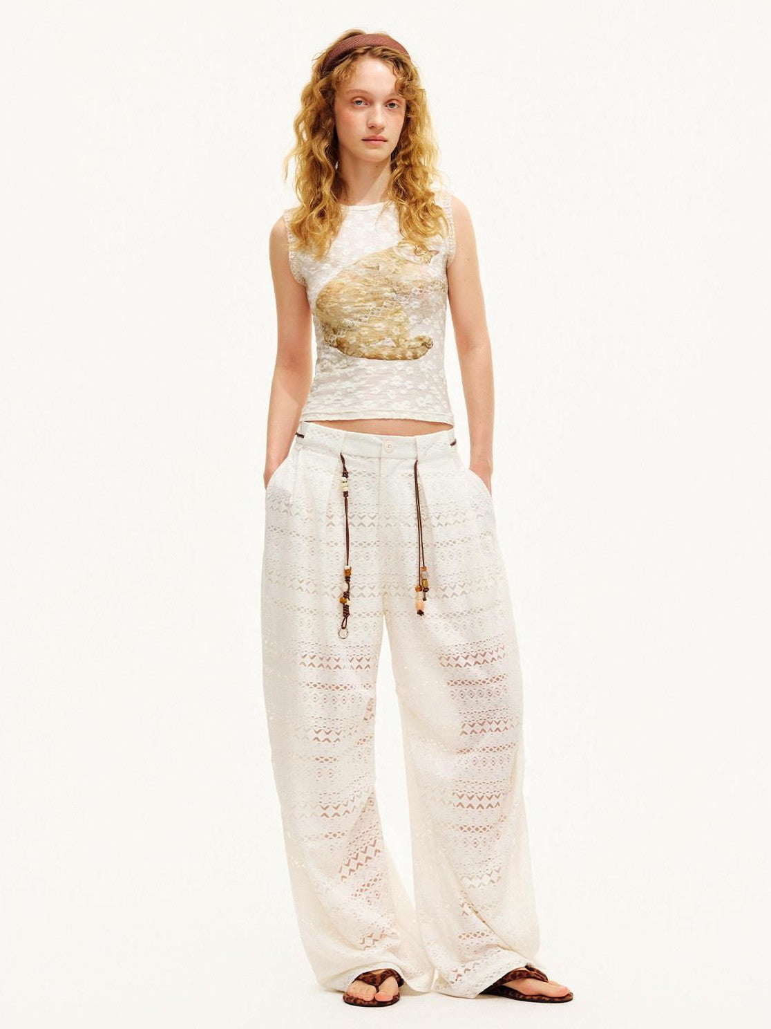 OuttheBlue Pearl White Lace Cutout Panel Pleated Women&