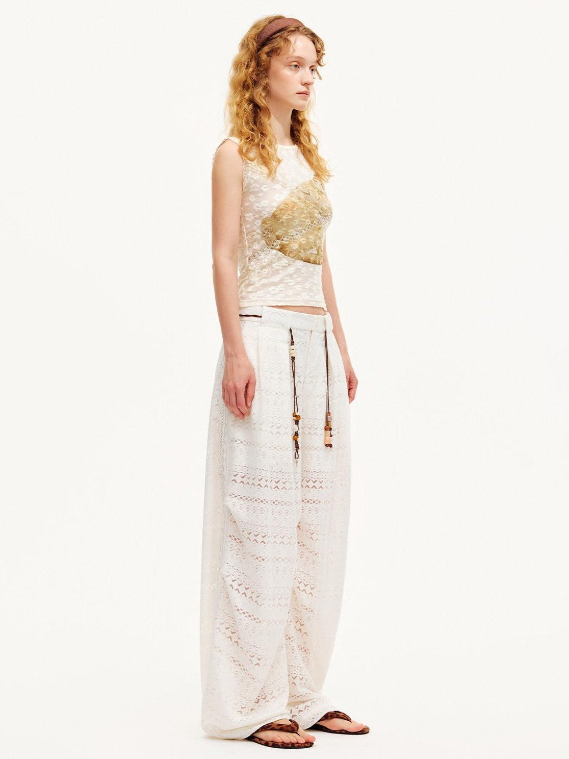 OuttheBlue Pearl White Lace Cutout Panel Pleated Women&