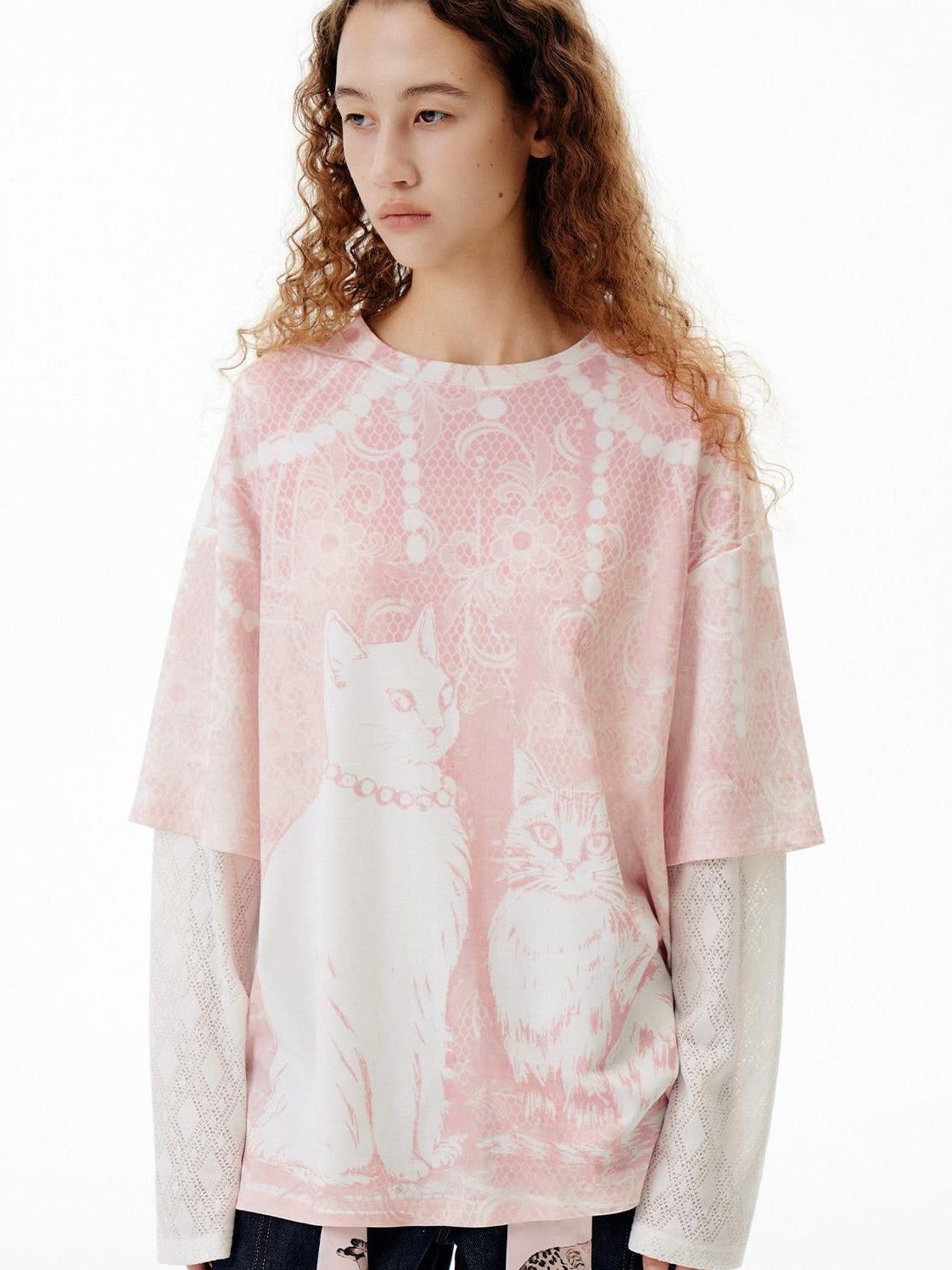 OuttheBlue Pink Pearl Cat Lace Print Faux Layered Women&