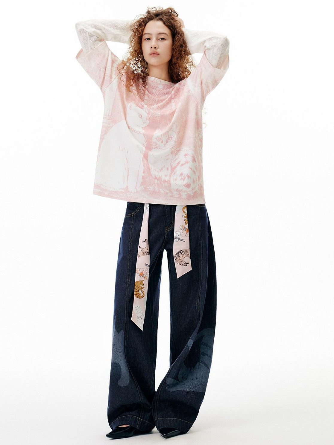 OuttheBlue Pink Pearl Cat Lace Print Faux Layered Women&