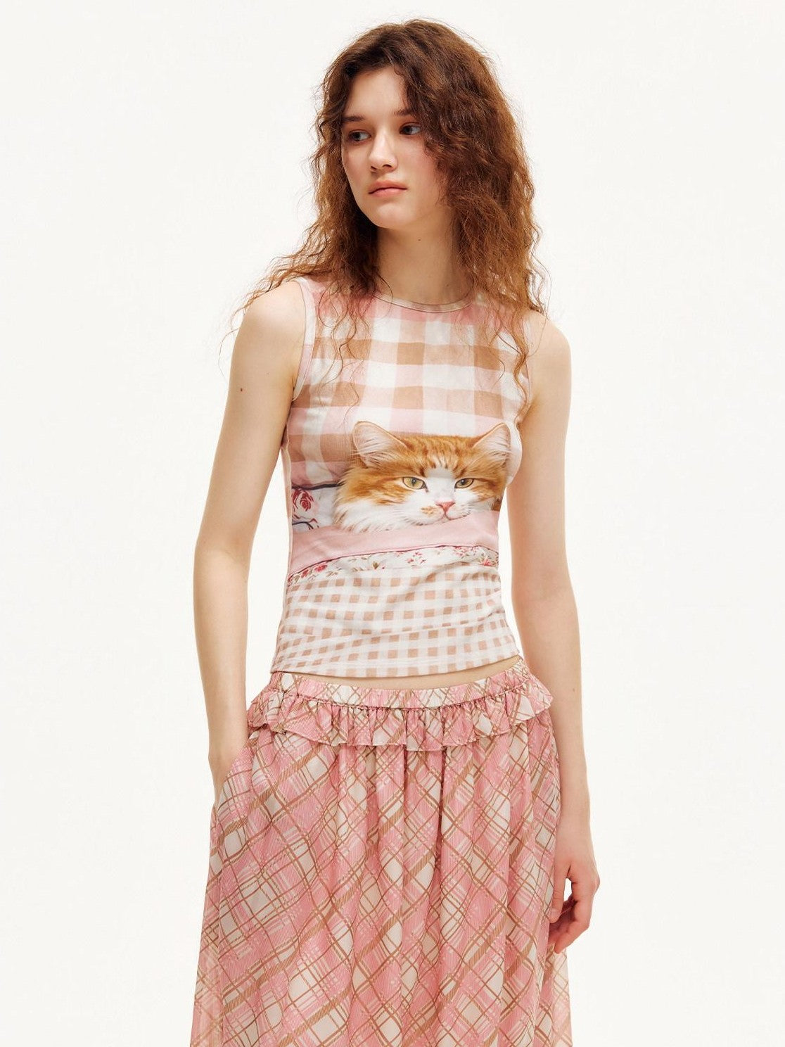 OuttheBlue Pink Plaid Cat Print Slim A Line Narrow Strap Women&