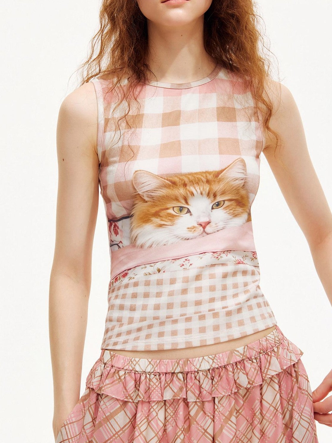 OuttheBlue Pink Plaid Cat Print Slim A Line Narrow Strap Women&