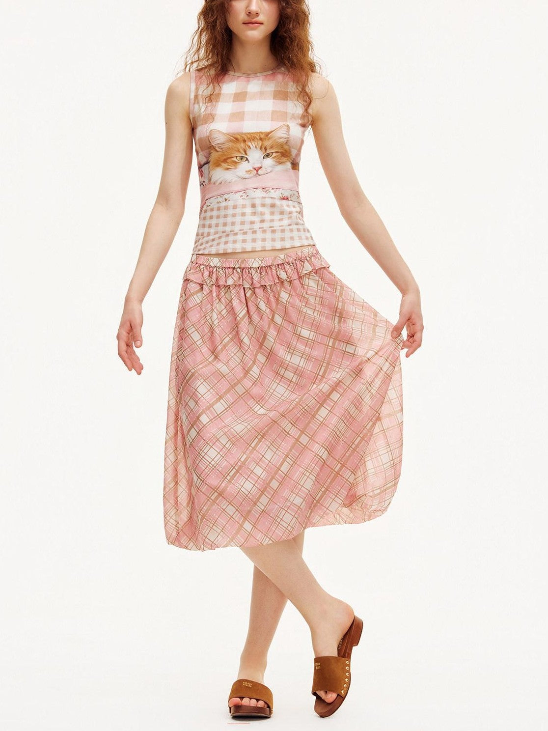 OuttheBlue Pink Plaid Print Tulip Hem Aline Elastic Waist Women&