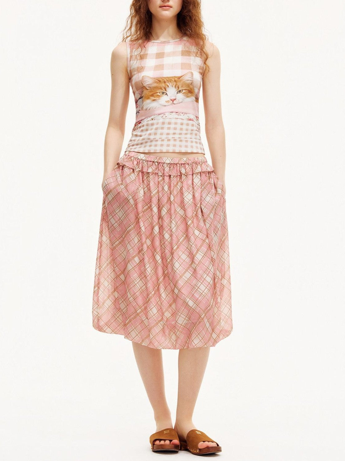 OuttheBlue Pink Plaid Print Tulip Hem Aline Elastic Waist Women&