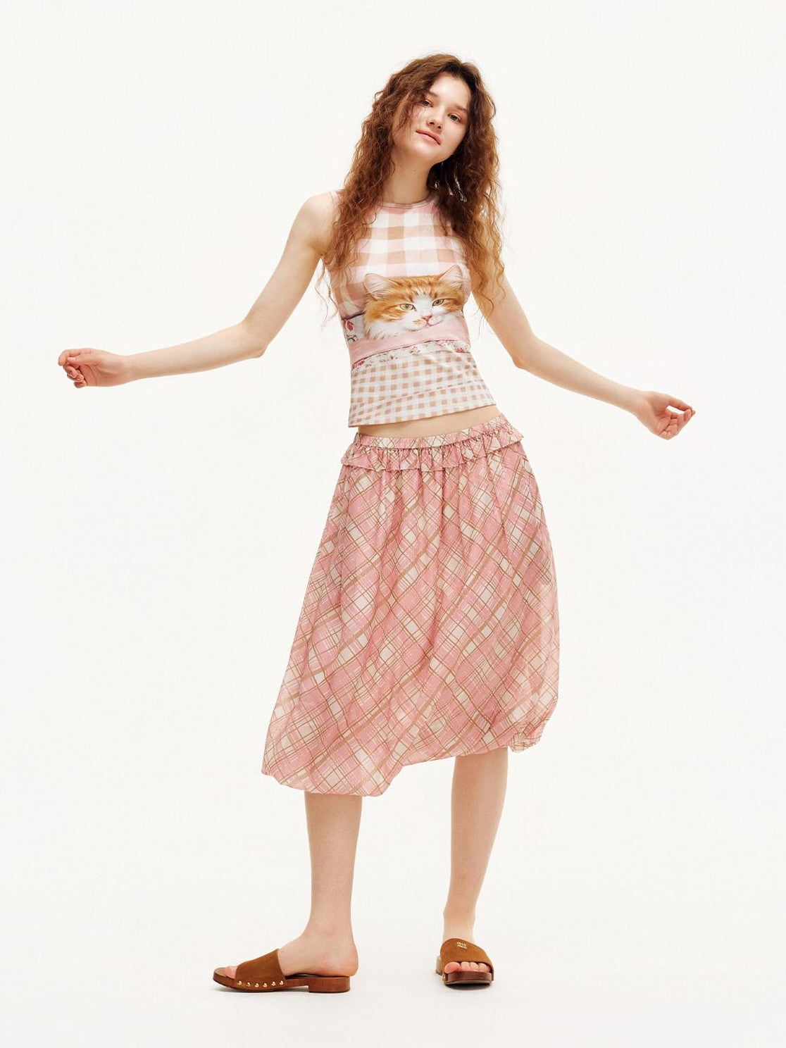 OuttheBlue Pink Plaid Print Tulip Hem Aline Elastic Waist Women&
