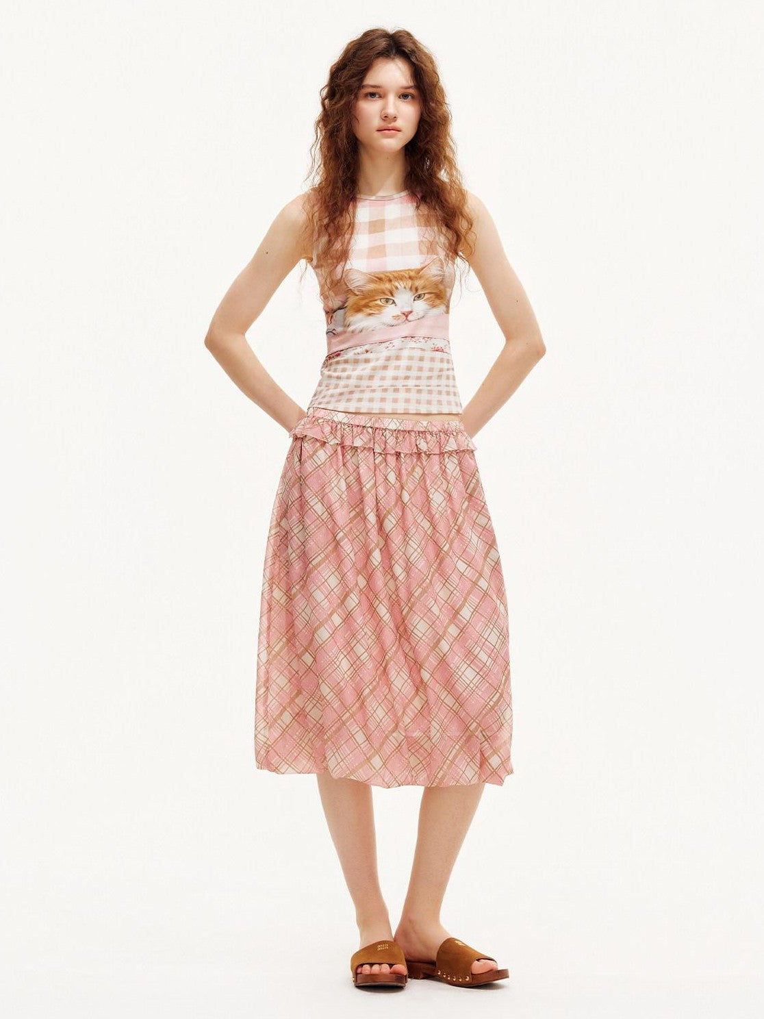 OuttheBlue Pink Plaid Print Tulip Hem Aline Elastic Waist Women&