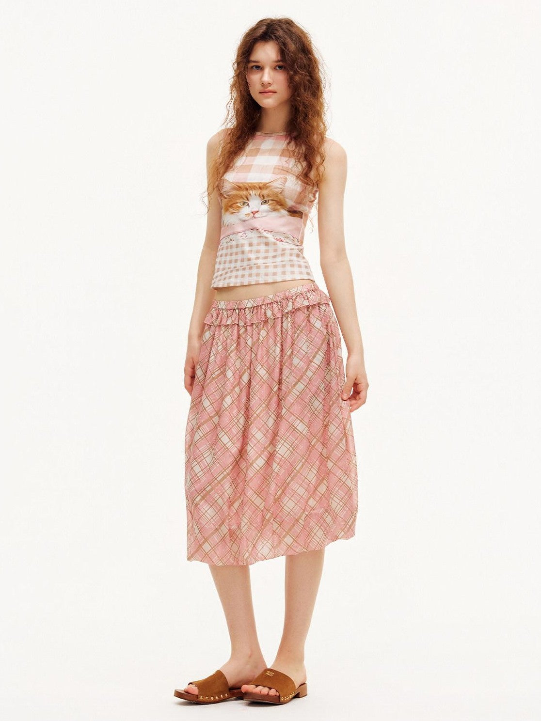 OuttheBlue Pink Plaid Print Tulip Hem Aline Elastic Waist Women&
