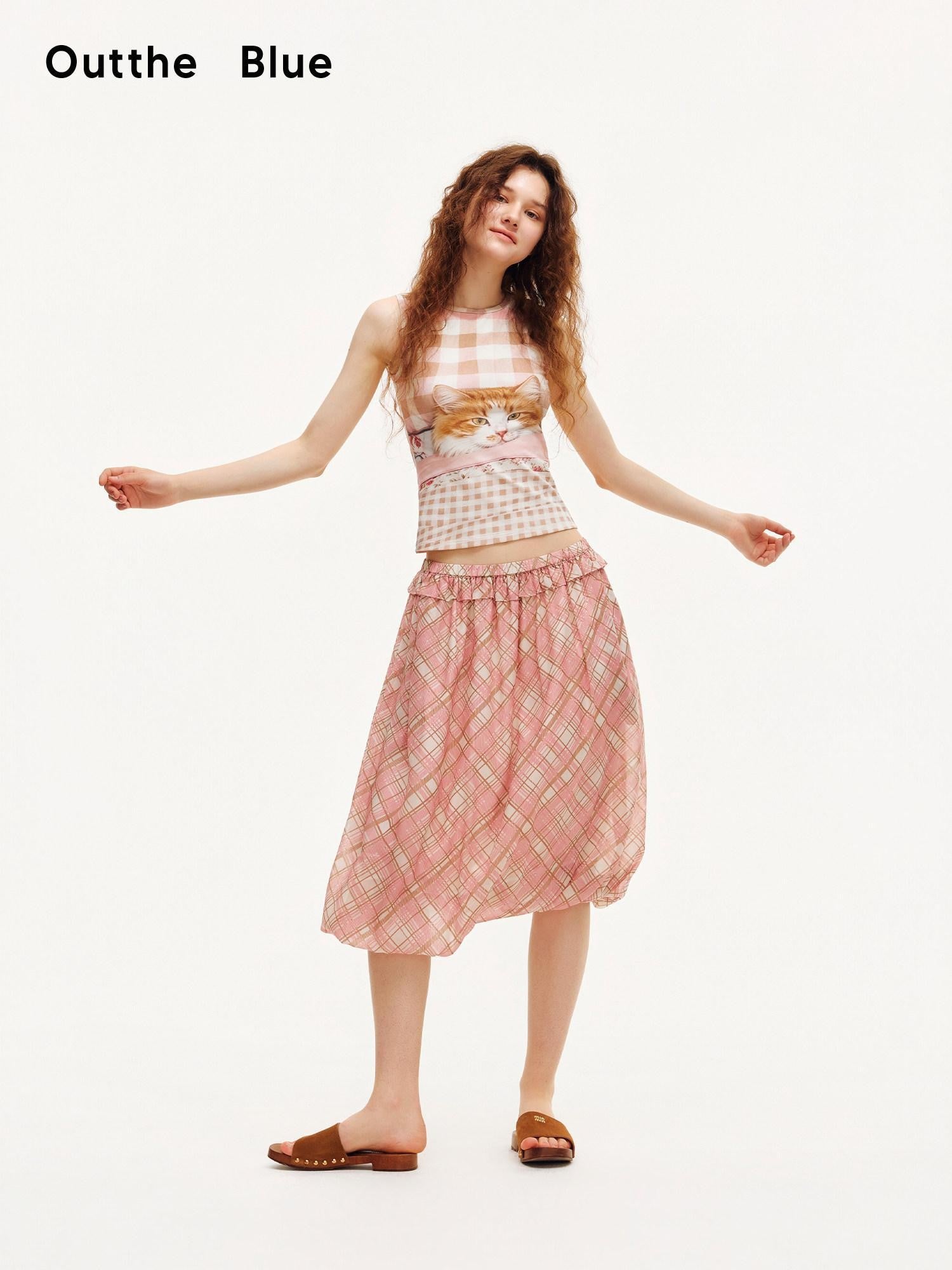 OuttheBlue Pink Plaid Print Tulip Hem Aline Elastic Waist Women&