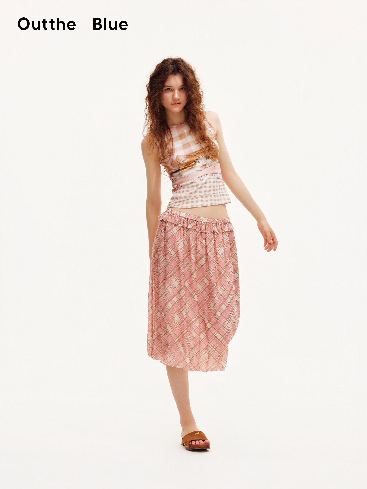 OuttheBlue Pink Plaid Print Tulip Hem Aline Elastic Waist Women&