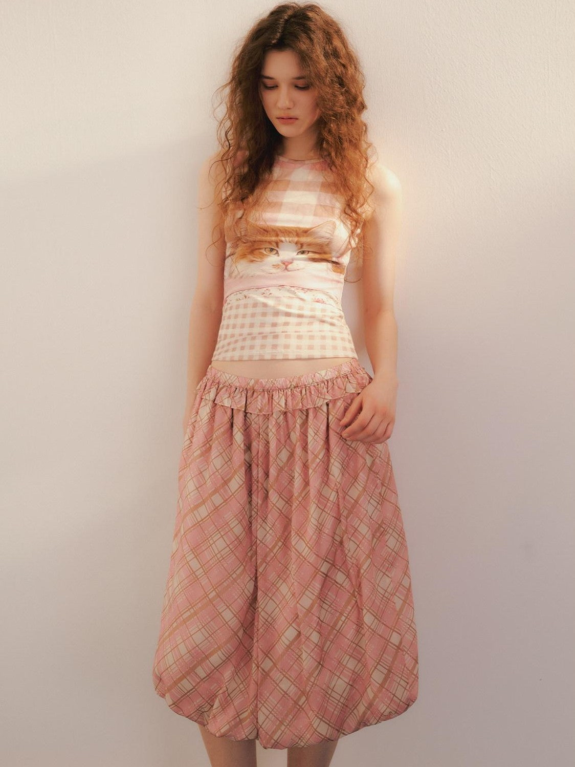 OuttheBlue Pink Plaid Print Tulip Hem Aline Elastic Waist Women&