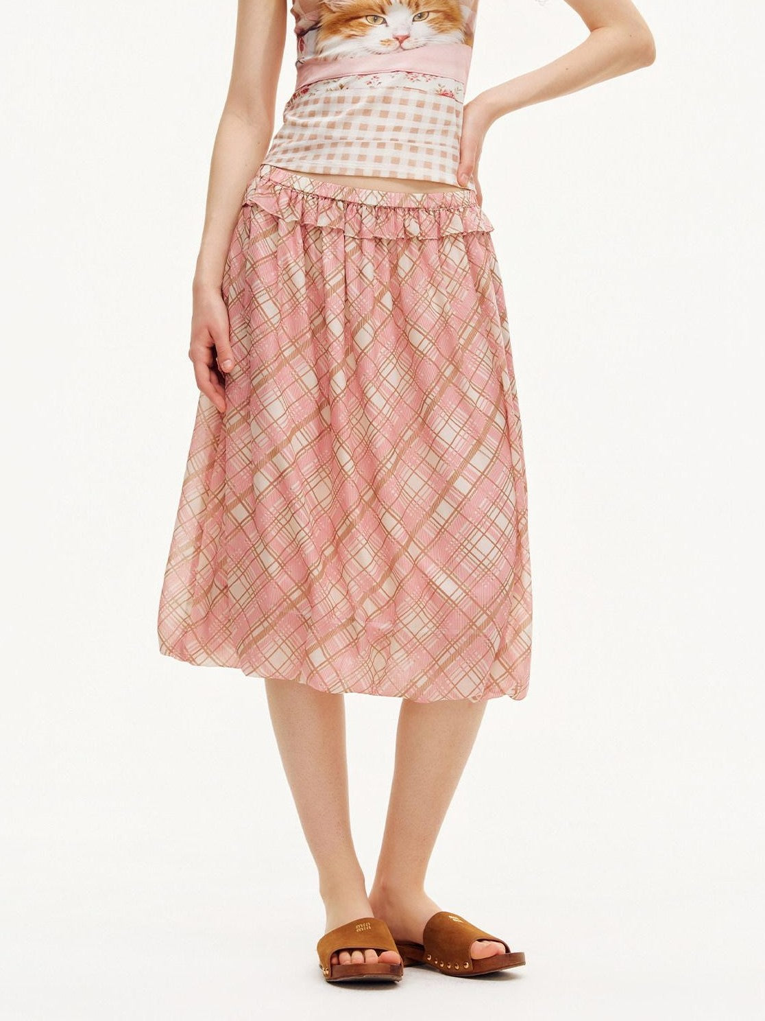 OuttheBlue Pink Plaid Print Tulip Hem Aline Elastic Waist Women&