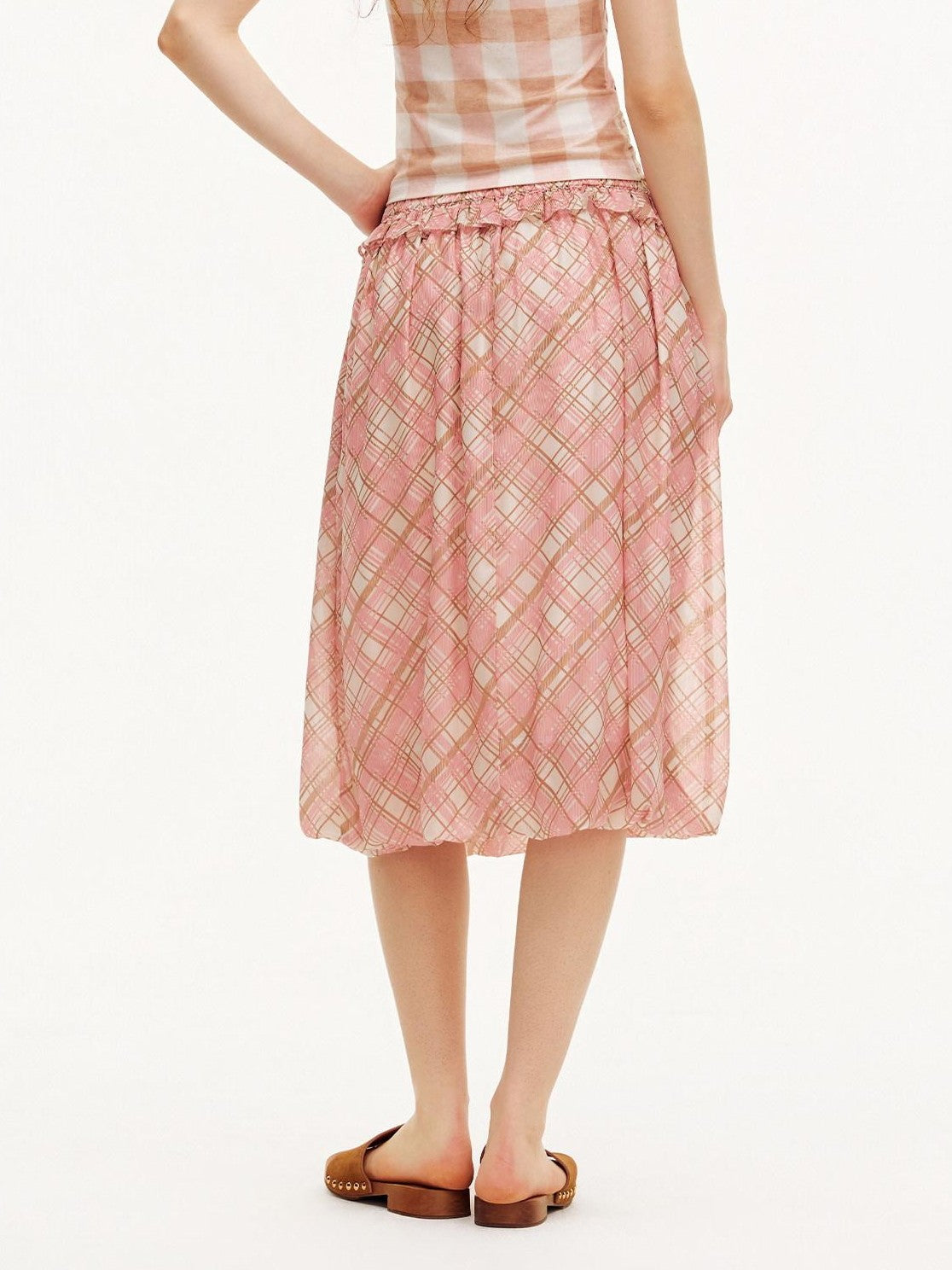 OuttheBlue Pink Plaid Print Tulip Hem Aline Elastic Waist Women&