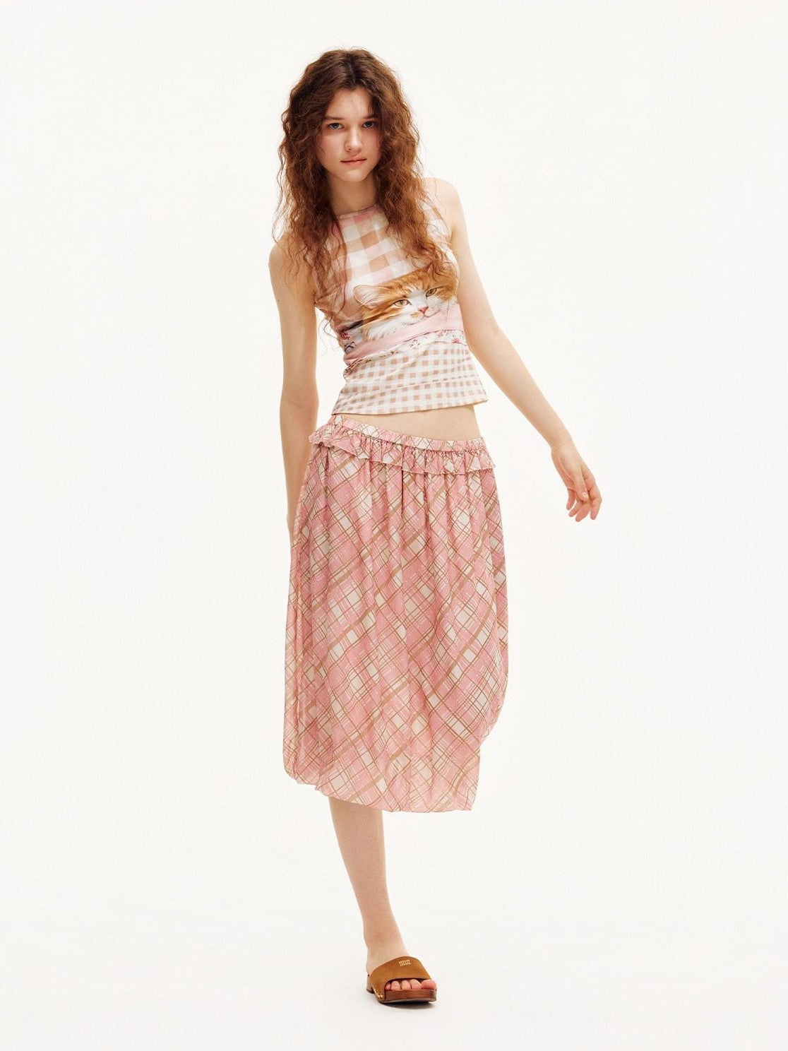 OuttheBlue Pink Plaid Print Tulip Hem Aline Elastic Waist Women&