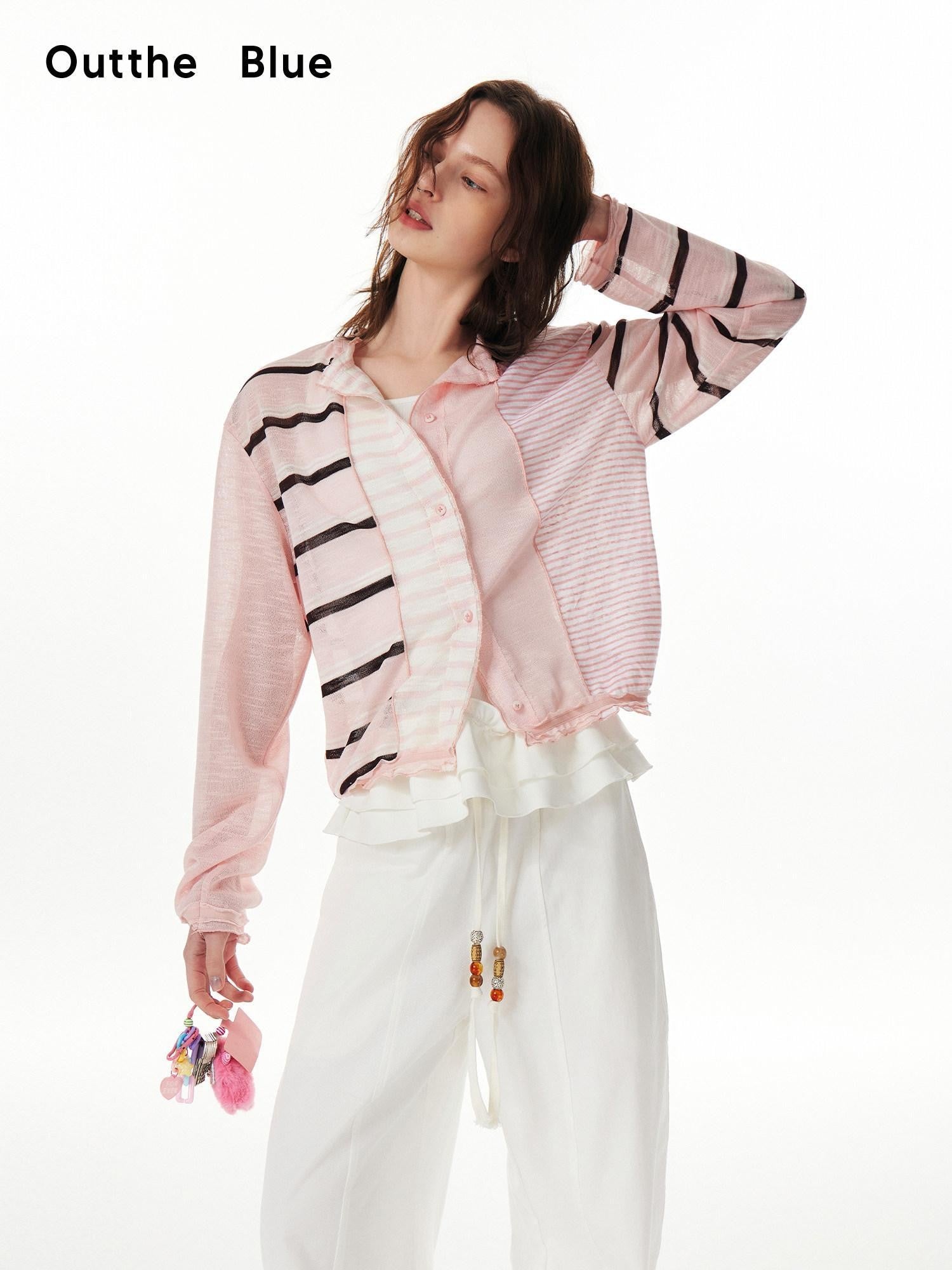 OuttheBlue Pink Striped Patchwork Drapey Single Button Women&